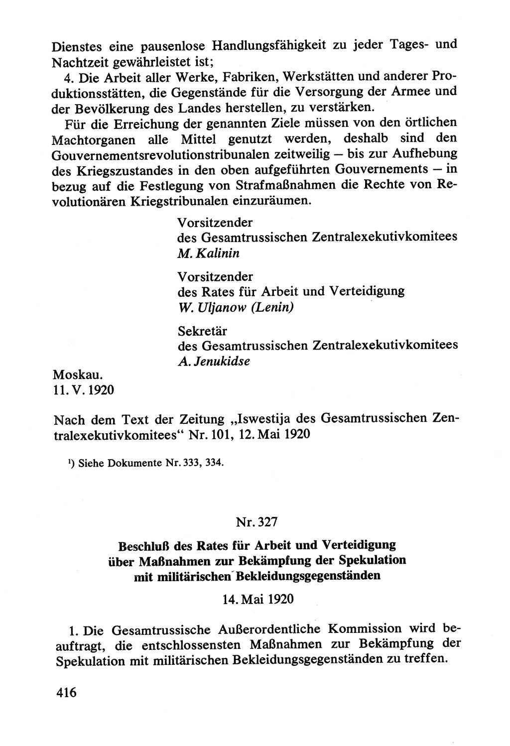 Lenin und die Gesamtrussische Tscheka, Dokumentensammlung, Ministerium für Staatssicherheit (MfS) [Deutsche Demokratische Republik (DDR)], Juristische Hochschule (JHS) Potsdam 1977, Seite 416 (Tscheka Dok. MfS DDR 1977, S. 416)