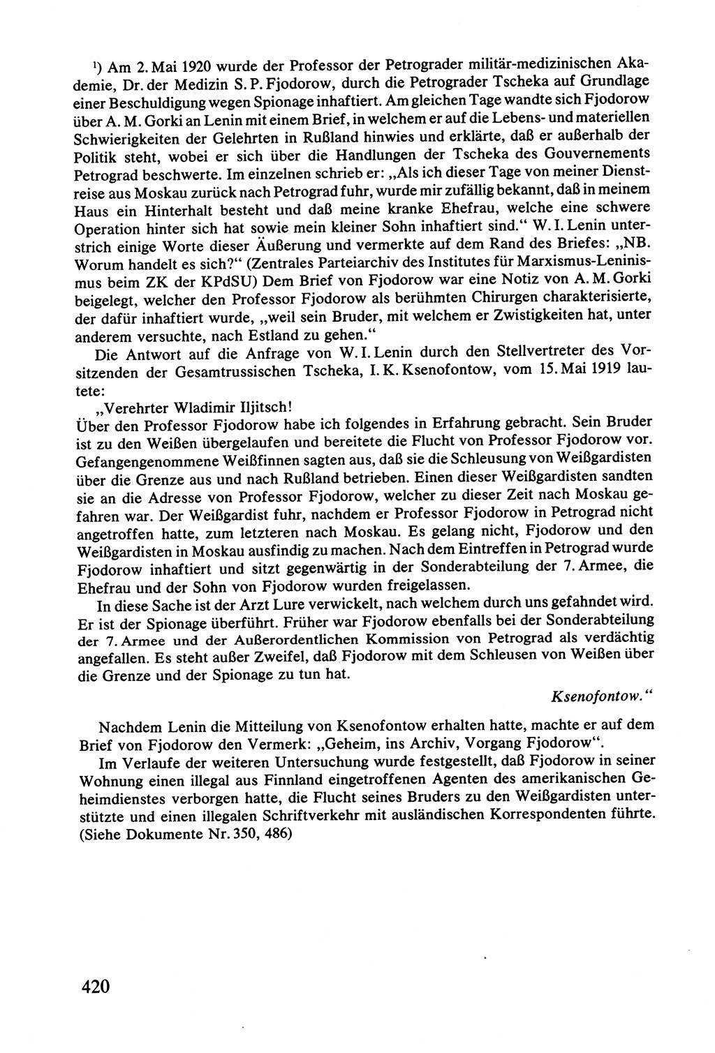 Lenin und die Gesamtrussische Tscheka, Dokumentensammlung, Ministerium für Staatssicherheit (MfS) [Deutsche Demokratische Republik (DDR)], Juristische Hochschule (JHS) Potsdam 1977, Seite 420 (Tscheka Dok. MfS DDR 1977, S. 420)