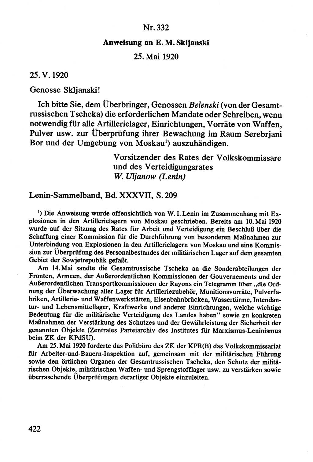 Lenin und die Gesamtrussische Tscheka, Dokumentensammlung, Ministerium für Staatssicherheit (MfS) [Deutsche Demokratische Republik (DDR)], Juristische Hochschule (JHS) Potsdam 1977, Seite 422 (Tscheka Dok. MfS DDR 1977, S. 422)