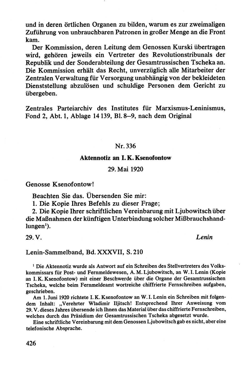 Lenin und die Gesamtrussische Tscheka, Dokumentensammlung, Ministerium für Staatssicherheit (MfS) [Deutsche Demokratische Republik (DDR)], Juristische Hochschule (JHS) Potsdam 1977, Seite 426 (Tscheka Dok. MfS DDR 1977, S. 426)