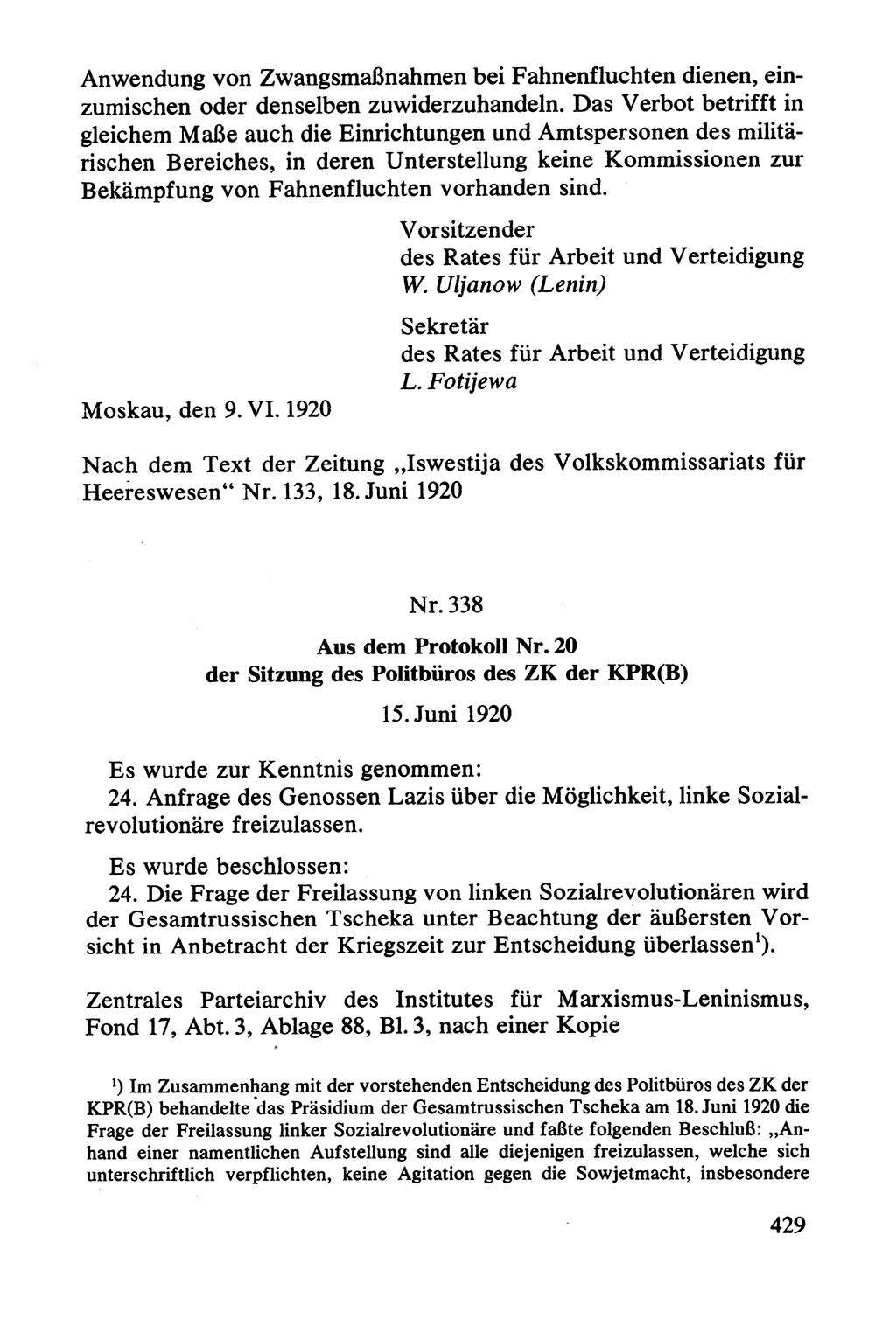 Lenin und die Gesamtrussische Tscheka, Dokumentensammlung, Ministerium für Staatssicherheit (MfS) [Deutsche Demokratische Republik (DDR)], Juristische Hochschule (JHS) Potsdam 1977, Seite 429 (Tscheka Dok. MfS DDR 1977, S. 429)