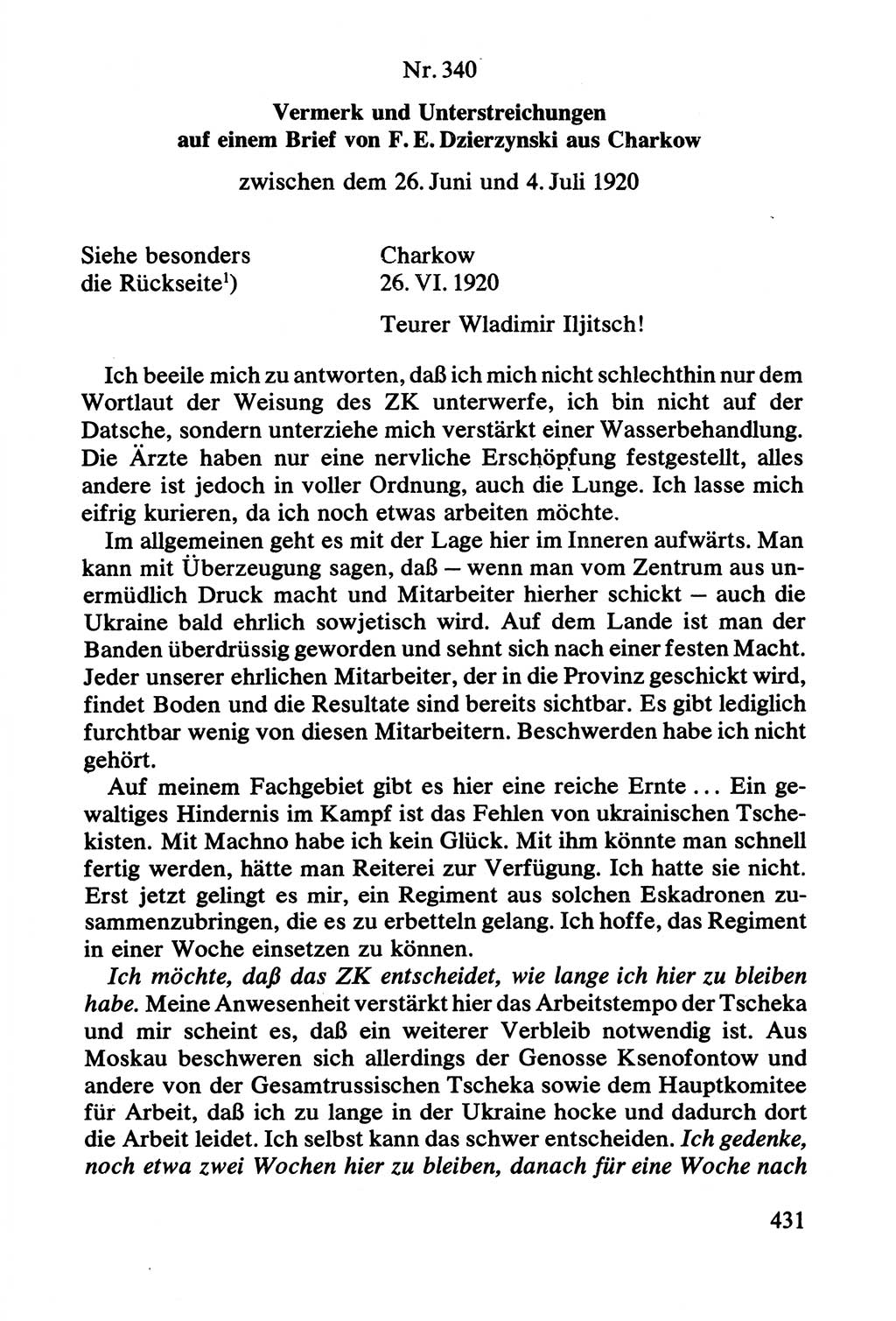 Lenin und die Gesamtrussische Tscheka, Dokumentensammlung, Ministerium für Staatssicherheit (MfS) [Deutsche Demokratische Republik (DDR)], Juristische Hochschule (JHS) Potsdam 1977, Seite 431 (Tscheka Dok. MfS DDR 1977, S. 431)