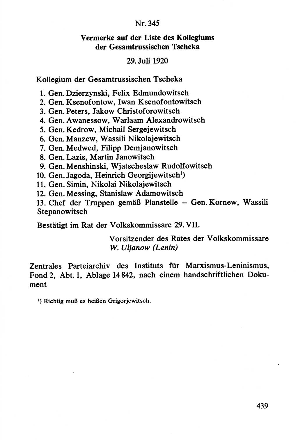 Lenin und die Gesamtrussische Tscheka, Dokumentensammlung, Ministerium für Staatssicherheit (MfS) [Deutsche Demokratische Republik (DDR)], Juristische Hochschule (JHS) Potsdam 1977, Seite 439 (Tscheka Dok. MfS DDR 1977, S. 439)