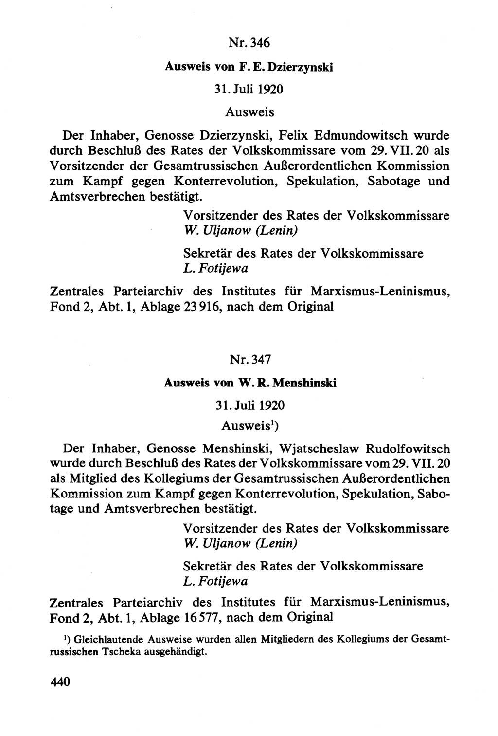 Lenin und die Gesamtrussische Tscheka, Dokumentensammlung, Ministerium für Staatssicherheit (MfS) [Deutsche Demokratische Republik (DDR)], Juristische Hochschule (JHS) Potsdam 1977, Seite 440 (Tscheka Dok. MfS DDR 1977, S. 440)