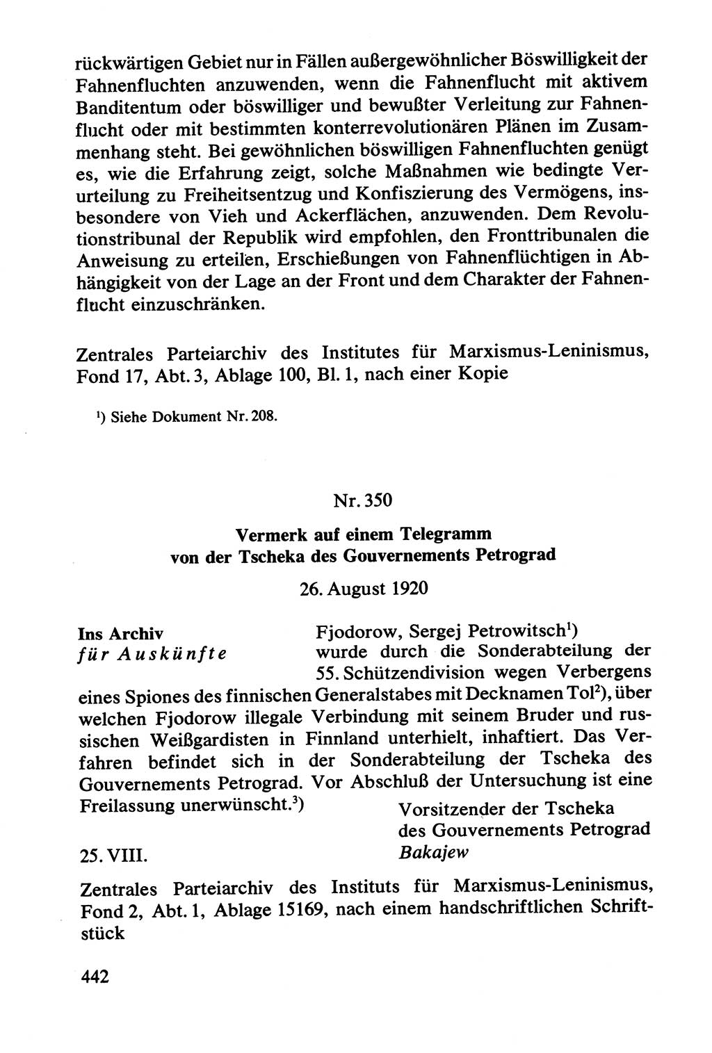 Lenin und die Gesamtrussische Tscheka, Dokumentensammlung, Ministerium für Staatssicherheit (MfS) [Deutsche Demokratische Republik (DDR)], Juristische Hochschule (JHS) Potsdam 1977, Seite 442 (Tscheka Dok. MfS DDR 1977, S. 442)