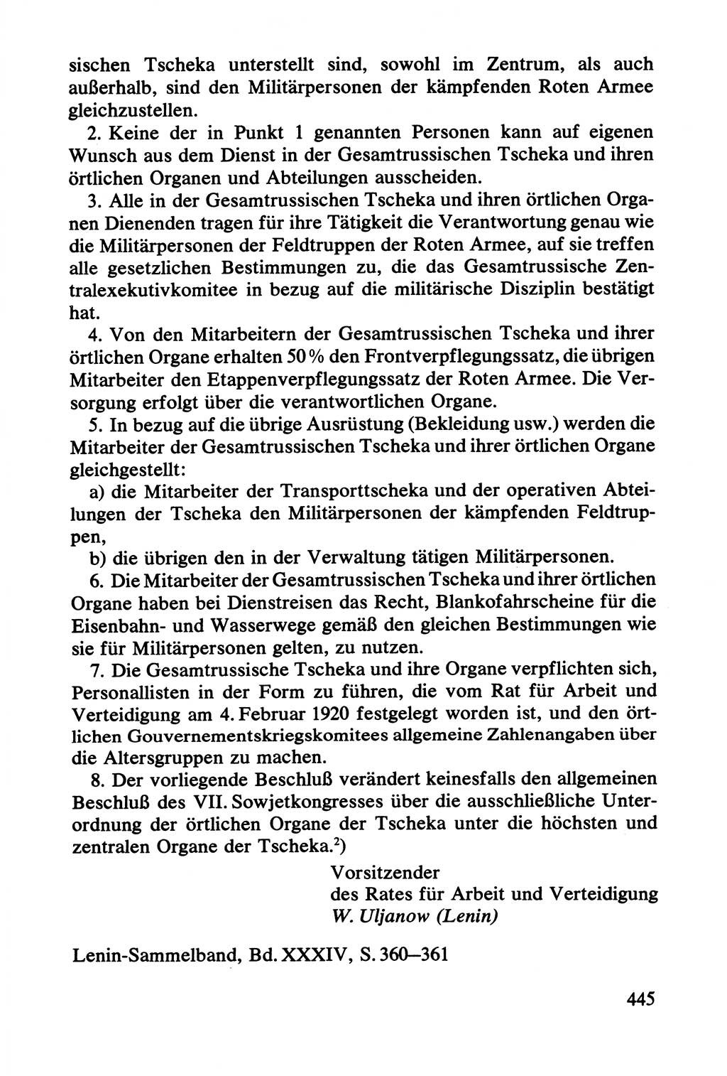 Lenin und die Gesamtrussische Tscheka, Dokumentensammlung, Ministerium für Staatssicherheit (MfS) [Deutsche Demokratische Republik (DDR)], Juristische Hochschule (JHS) Potsdam 1977, Seite 445 (Tscheka Dok. MfS DDR 1977, S. 445)