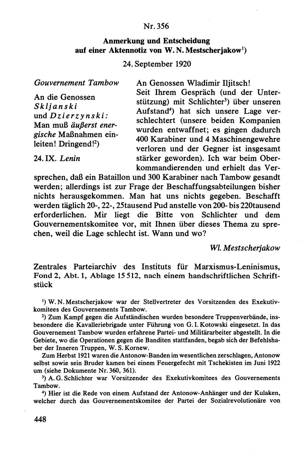 Lenin und die Gesamtrussische Tscheka, Dokumentensammlung, Ministerium für Staatssicherheit (MfS) [Deutsche Demokratische Republik (DDR)], Juristische Hochschule (JHS) Potsdam 1977, Seite 448 (Tscheka Dok. MfS DDR 1977, S. 448)