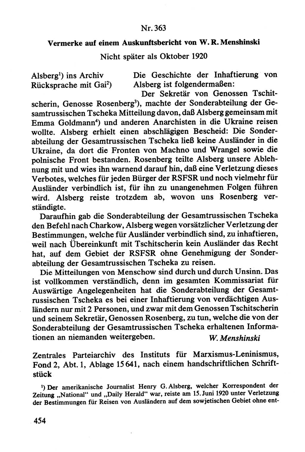 Lenin und die Gesamtrussische Tscheka, Dokumentensammlung, Ministerium für Staatssicherheit (MfS) [Deutsche Demokratische Republik (DDR)], Juristische Hochschule (JHS) Potsdam 1977, Seite 454 (Tscheka Dok. MfS DDR 1977, S. 454)