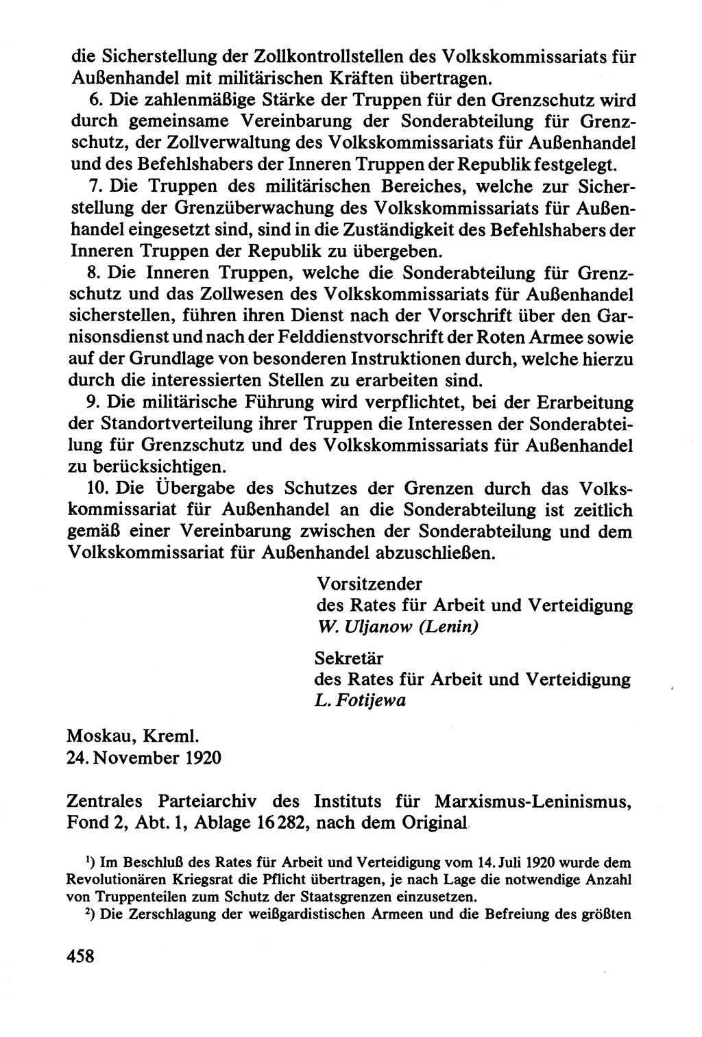 Lenin und die Gesamtrussische Tscheka, Dokumentensammlung, Ministerium für Staatssicherheit (MfS) [Deutsche Demokratische Republik (DDR)], Juristische Hochschule (JHS) Potsdam 1977, Seite 458 (Tscheka Dok. MfS DDR 1977, S. 458)