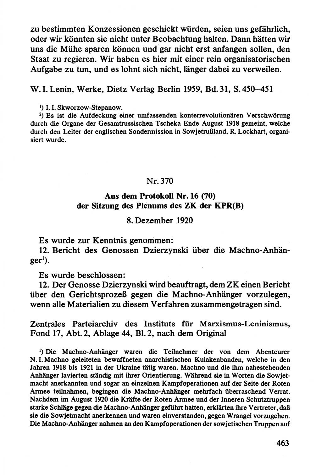 Lenin und die Gesamtrussische Tscheka, Dokumentensammlung, Ministerium für Staatssicherheit (MfS) [Deutsche Demokratische Republik (DDR)], Juristische Hochschule (JHS) Potsdam 1977, Seite 463 (Tscheka Dok. MfS DDR 1977, S. 463)