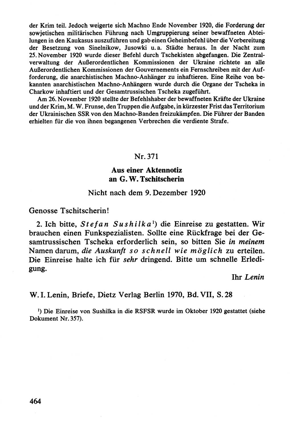 Lenin und die Gesamtrussische Tscheka, Dokumentensammlung, Ministerium für Staatssicherheit (MfS) [Deutsche Demokratische Republik (DDR)], Juristische Hochschule (JHS) Potsdam 1977, Seite 464 (Tscheka Dok. MfS DDR 1977, S. 464)