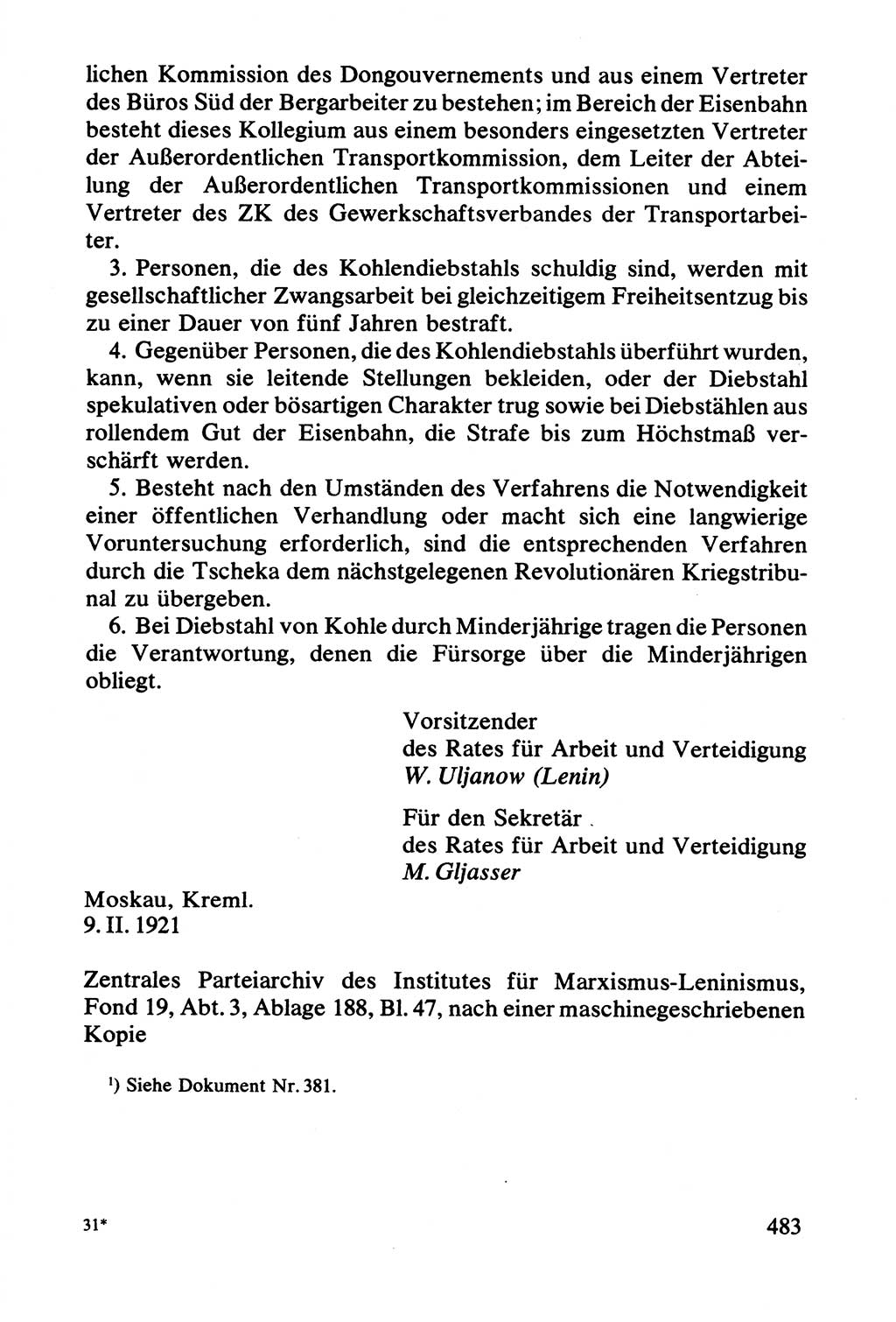 Lenin und die Gesamtrussische Tscheka, Dokumentensammlung, Ministerium für Staatssicherheit (MfS) [Deutsche Demokratische Republik (DDR)], Juristische Hochschule (JHS) Potsdam 1977, Seite 483 (Tscheka Dok. MfS DDR 1977, S. 483)