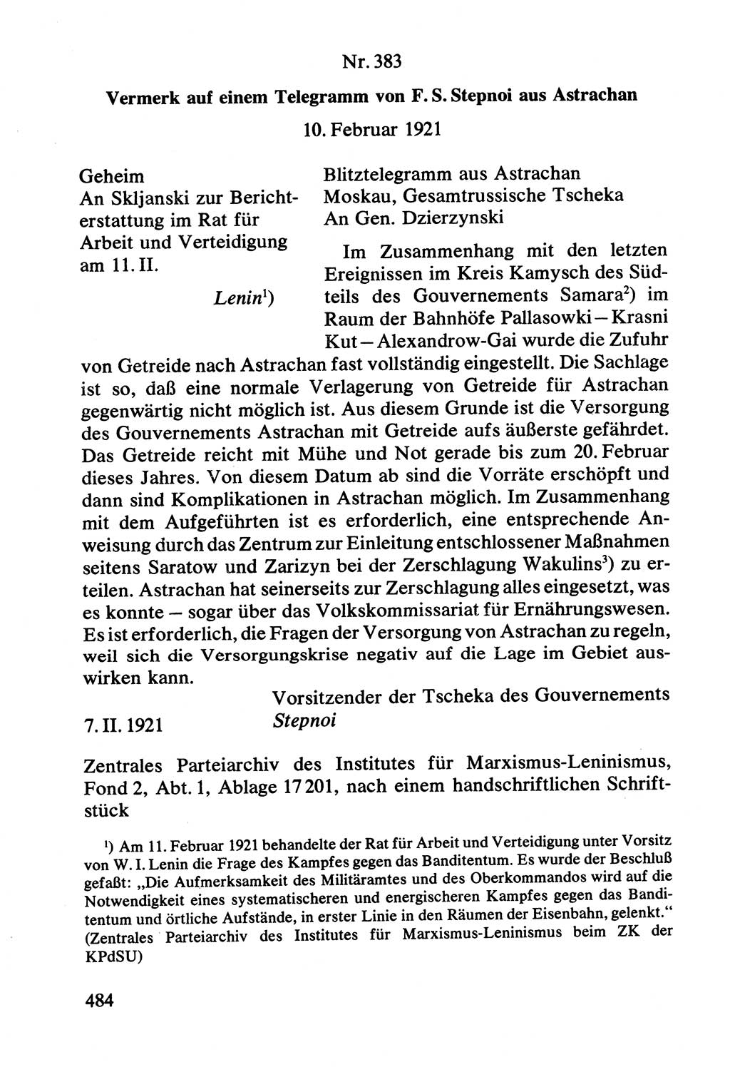 Lenin und die Gesamtrussische Tscheka, Dokumentensammlung, Ministerium für Staatssicherheit (MfS) [Deutsche Demokratische Republik (DDR)], Juristische Hochschule (JHS) Potsdam 1977, Seite 484 (Tscheka Dok. MfS DDR 1977, S. 484)