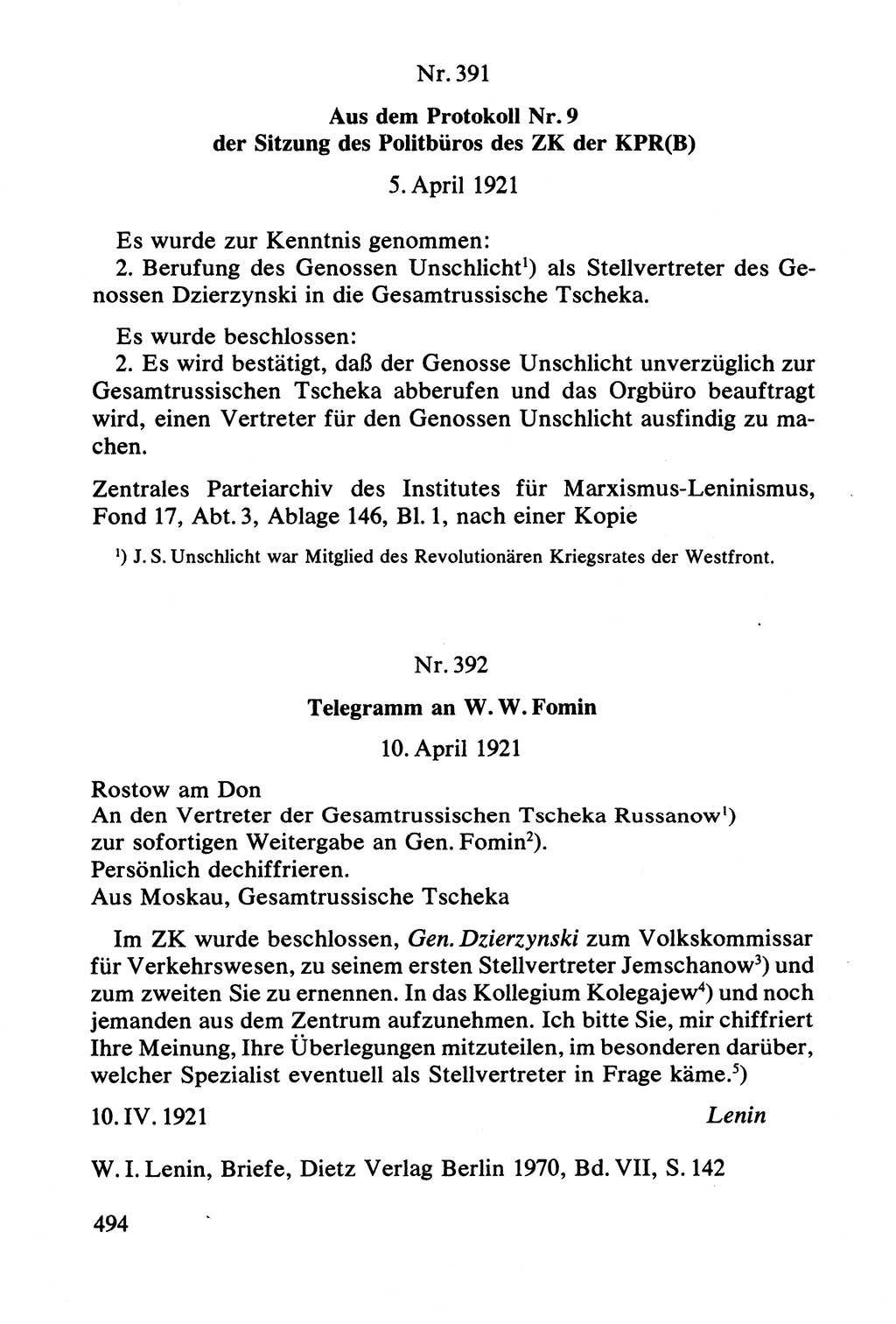 Lenin und die Gesamtrussische Tscheka, Dokumentensammlung, Ministerium für Staatssicherheit (MfS) [Deutsche Demokratische Republik (DDR)], Juristische Hochschule (JHS) Potsdam 1977, Seite 494 (Tscheka Dok. MfS DDR 1977, S. 494)