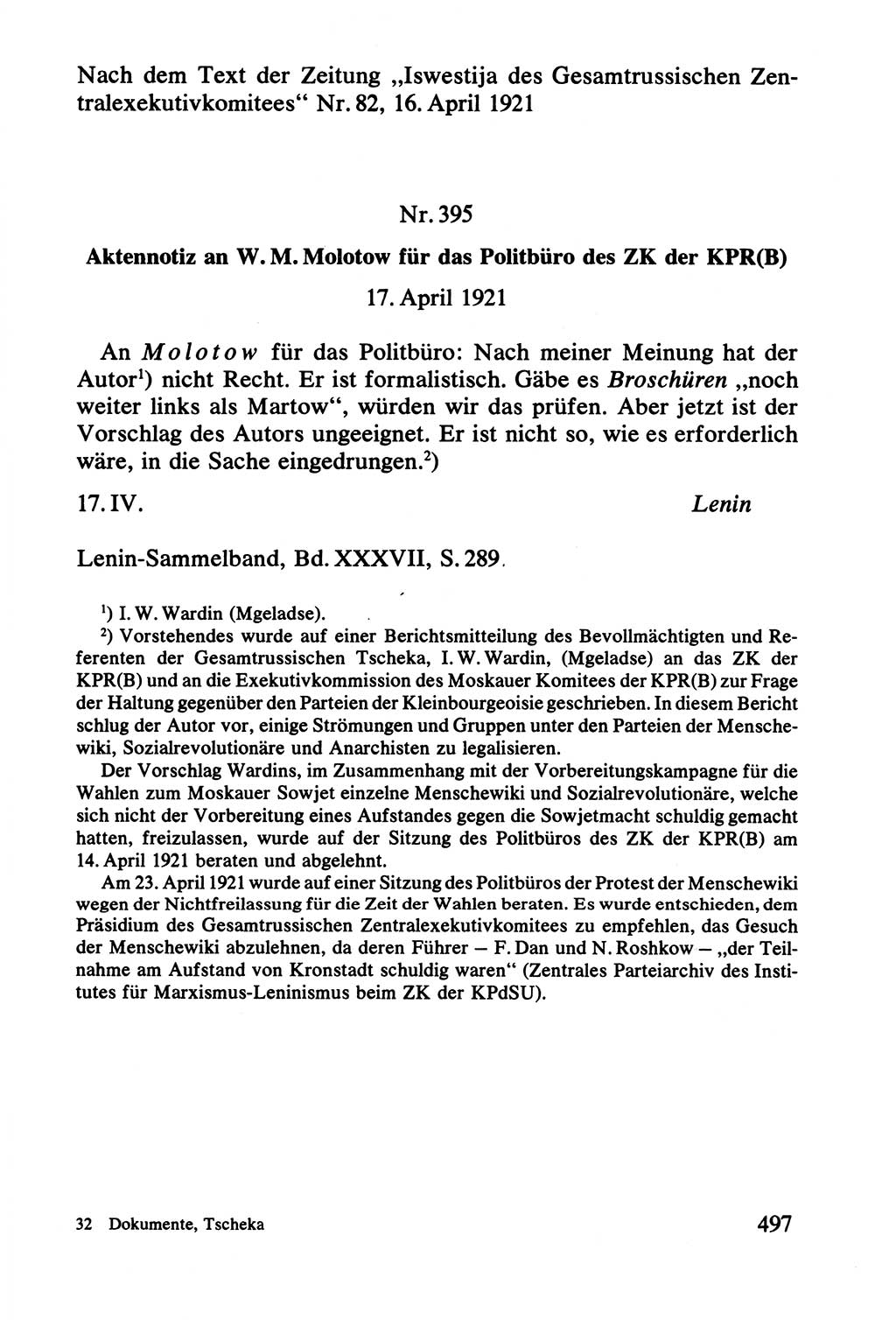 Lenin und die Gesamtrussische Tscheka, Dokumentensammlung, Ministerium für Staatssicherheit (MfS) [Deutsche Demokratische Republik (DDR)], Juristische Hochschule (JHS) Potsdam 1977, Seite 497 (Tscheka Dok. MfS DDR 1977, S. 497)