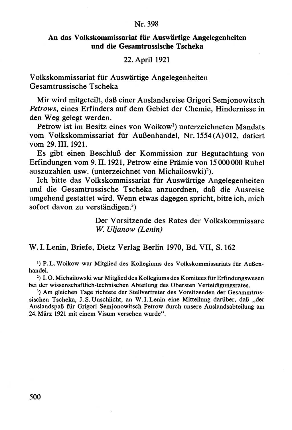 Lenin und die Gesamtrussische Tscheka, Dokumentensammlung, Ministerium für Staatssicherheit (MfS) [Deutsche Demokratische Republik (DDR)], Juristische Hochschule (JHS) Potsdam 1977, Seite 500 (Tscheka Dok. MfS DDR 1977, S. 500)