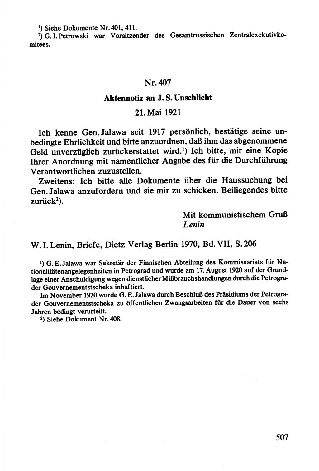 Lenin und die Gesamtrussische Tscheka, Dokumentensammlung, Ministerium für Staatssicherheit (MfS) [Deutsche Demokratische Republik (DDR)], Juristische Hochschule (JHS) Potsdam 1977, Seite 507 (Tscheka Dok. MfS DDR 1977, S. 507)