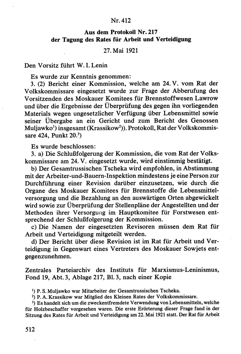 Lenin und die Gesamtrussische Tscheka, Dokumentensammlung, Ministerium für Staatssicherheit (MfS) [Deutsche Demokratische Republik (DDR)], Juristische Hochschule (JHS) Potsdam 1977, Seite 512 (Tscheka Dok. MfS DDR 1977, S. 512)