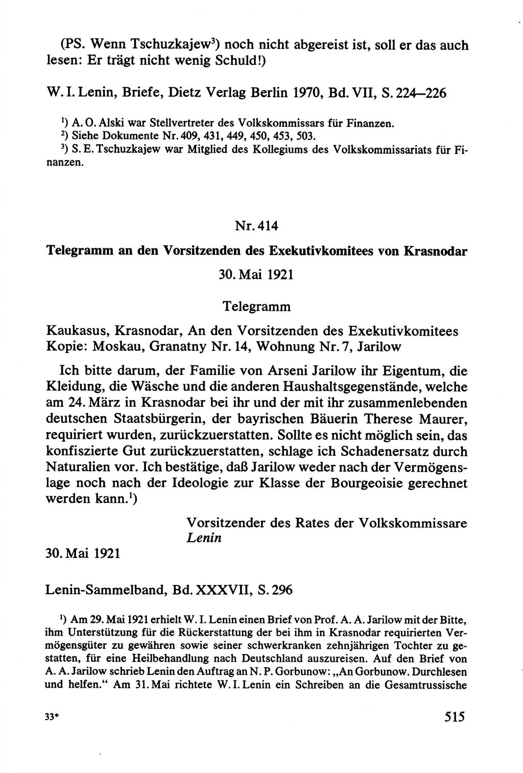 Lenin und die Gesamtrussische Tscheka, Dokumentensammlung, Ministerium für Staatssicherheit (MfS) [Deutsche Demokratische Republik (DDR)], Juristische Hochschule (JHS) Potsdam 1977, Seite 515 (Tscheka Dok. MfS DDR 1977, S. 515)