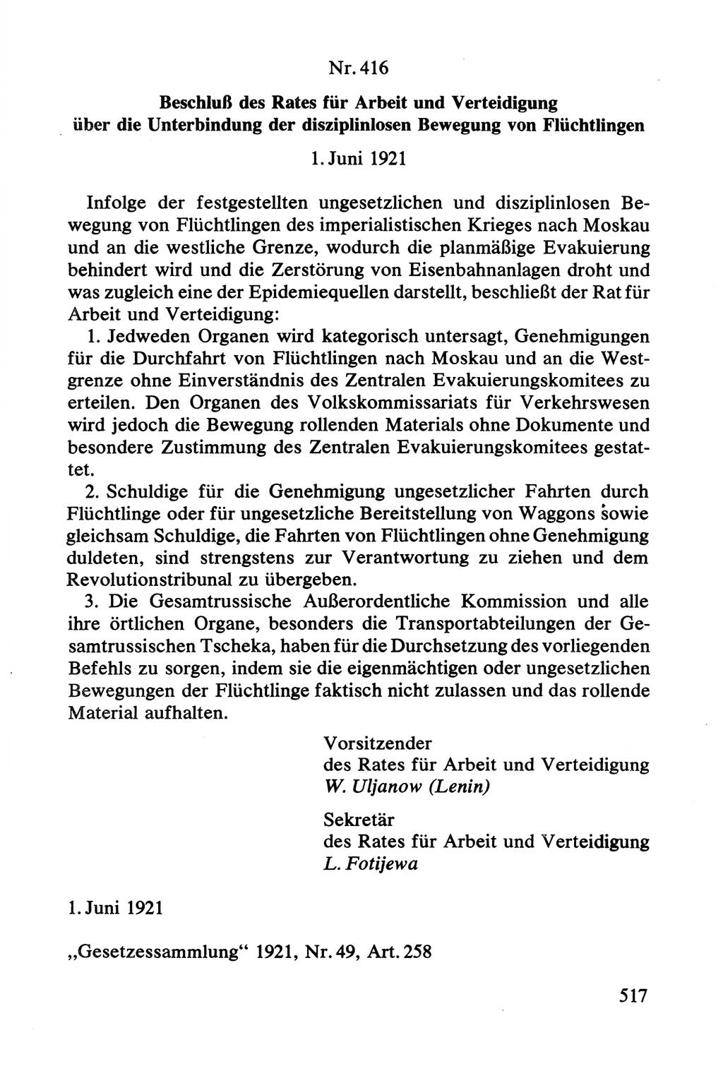 Lenin und die Gesamtrussische Tscheka, Dokumentensammlung, Ministerium für Staatssicherheit (MfS) [Deutsche Demokratische Republik (DDR)], Juristische Hochschule (JHS) Potsdam 1977, Seite 517 (Tscheka Dok. MfS DDR 1977, S. 517)