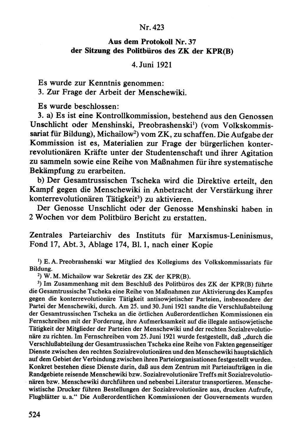 Lenin und die Gesamtrussische Tscheka, Dokumentensammlung, Ministerium für Staatssicherheit (MfS) [Deutsche Demokratische Republik (DDR)], Juristische Hochschule (JHS) Potsdam 1977, Seite 524 (Tscheka Dok. MfS DDR 1977, S. 524)