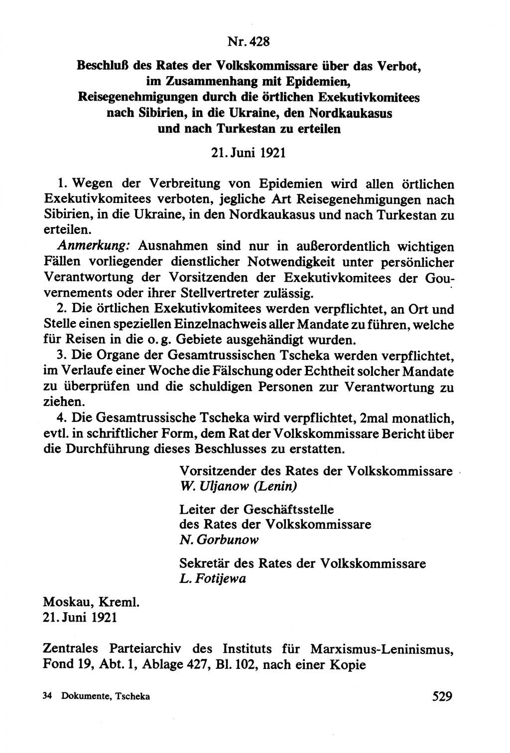 Lenin und die Gesamtrussische Tscheka, Dokumentensammlung, Ministerium für Staatssicherheit (MfS) [Deutsche Demokratische Republik (DDR)], Juristische Hochschule (JHS) Potsdam 1977, Seite 529 (Tscheka Dok. MfS DDR 1977, S. 529)