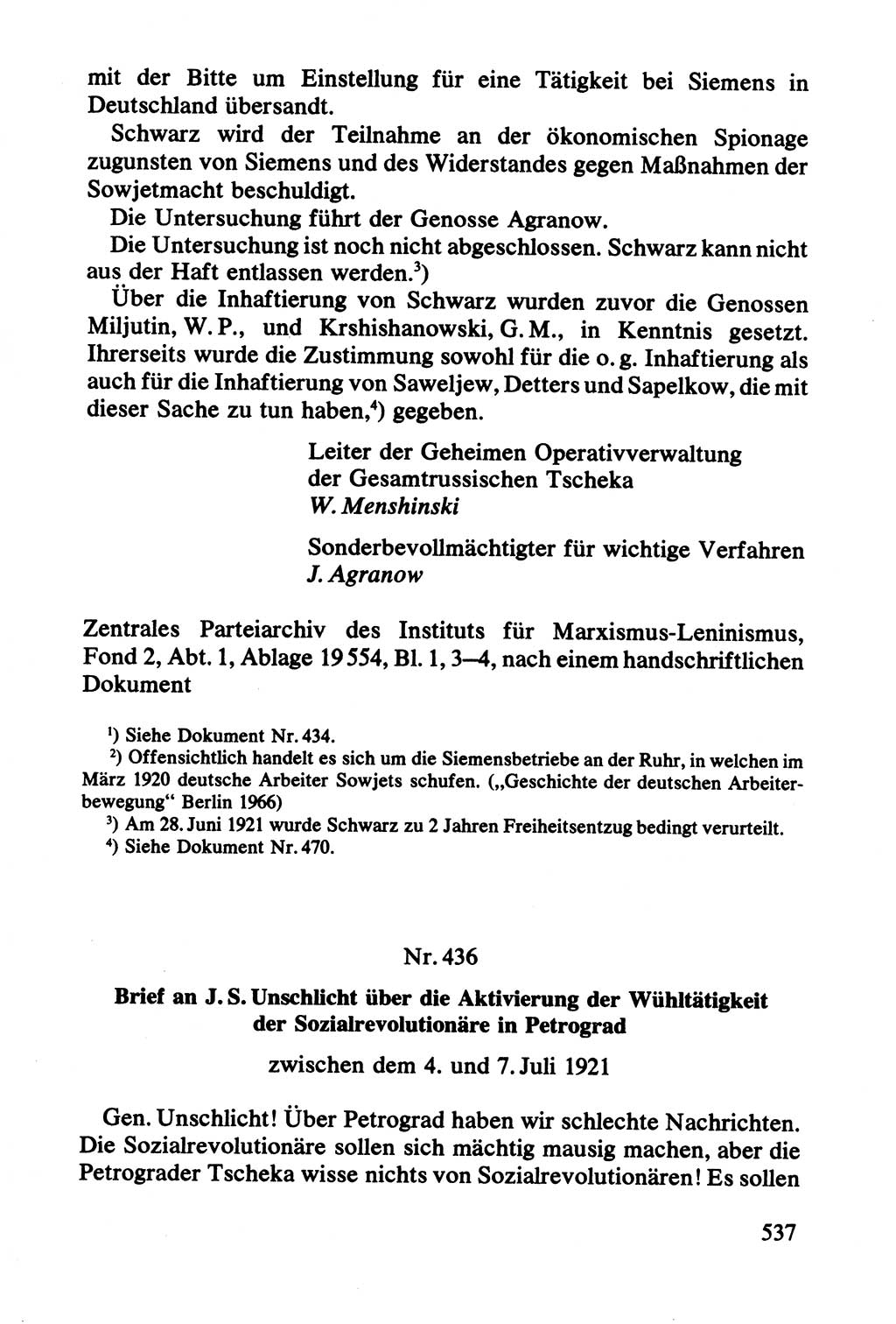 Lenin und die Gesamtrussische Tscheka, Dokumentensammlung, Ministerium für Staatssicherheit (MfS) [Deutsche Demokratische Republik (DDR)], Juristische Hochschule (JHS) Potsdam 1977, Seite 537 (Tscheka Dok. MfS DDR 1977, S. 537)