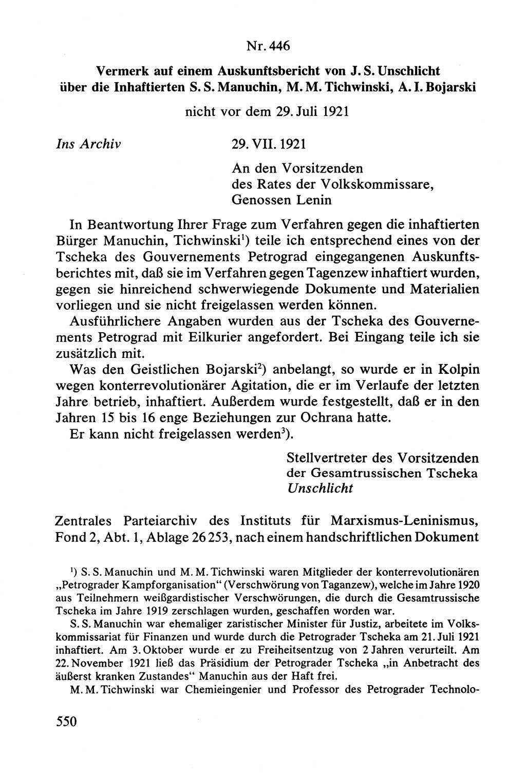 Lenin und die Gesamtrussische Tscheka, Dokumentensammlung, Ministerium fÃ¼r Staatssicherheit (MfS) [Deutsche Demokratische Republik (DDR)], Juristische Hochschule (JHS) Potsdam 1977, Seite 550 (Tscheka Dok. MfS DDR 1977, S. 550)