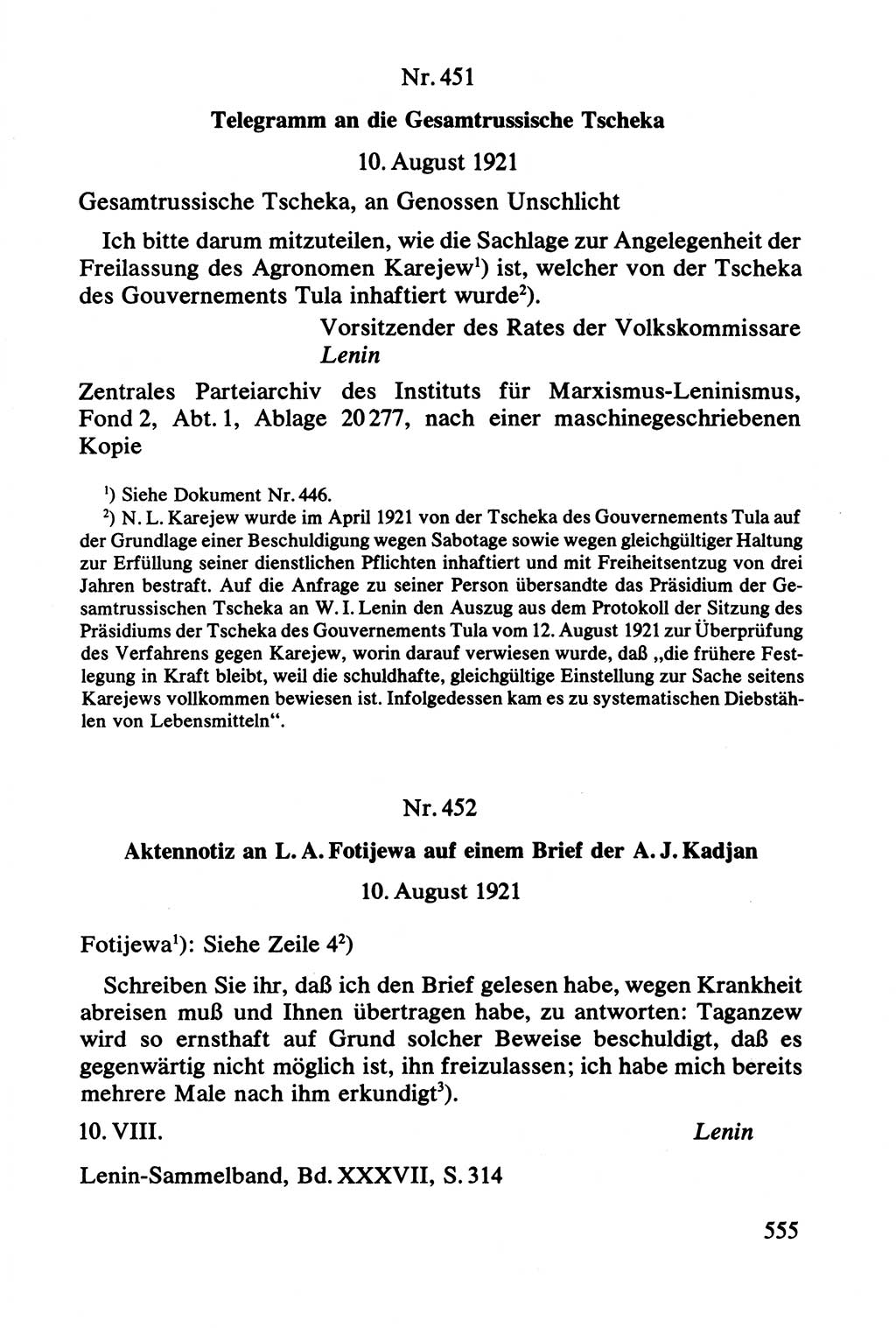 Lenin und die Gesamtrussische Tscheka, Dokumentensammlung, Ministerium für Staatssicherheit (MfS) [Deutsche Demokratische Republik (DDR)], Juristische Hochschule (JHS) Potsdam 1977, Seite 555 (Tscheka Dok. MfS DDR 1977, S. 555)