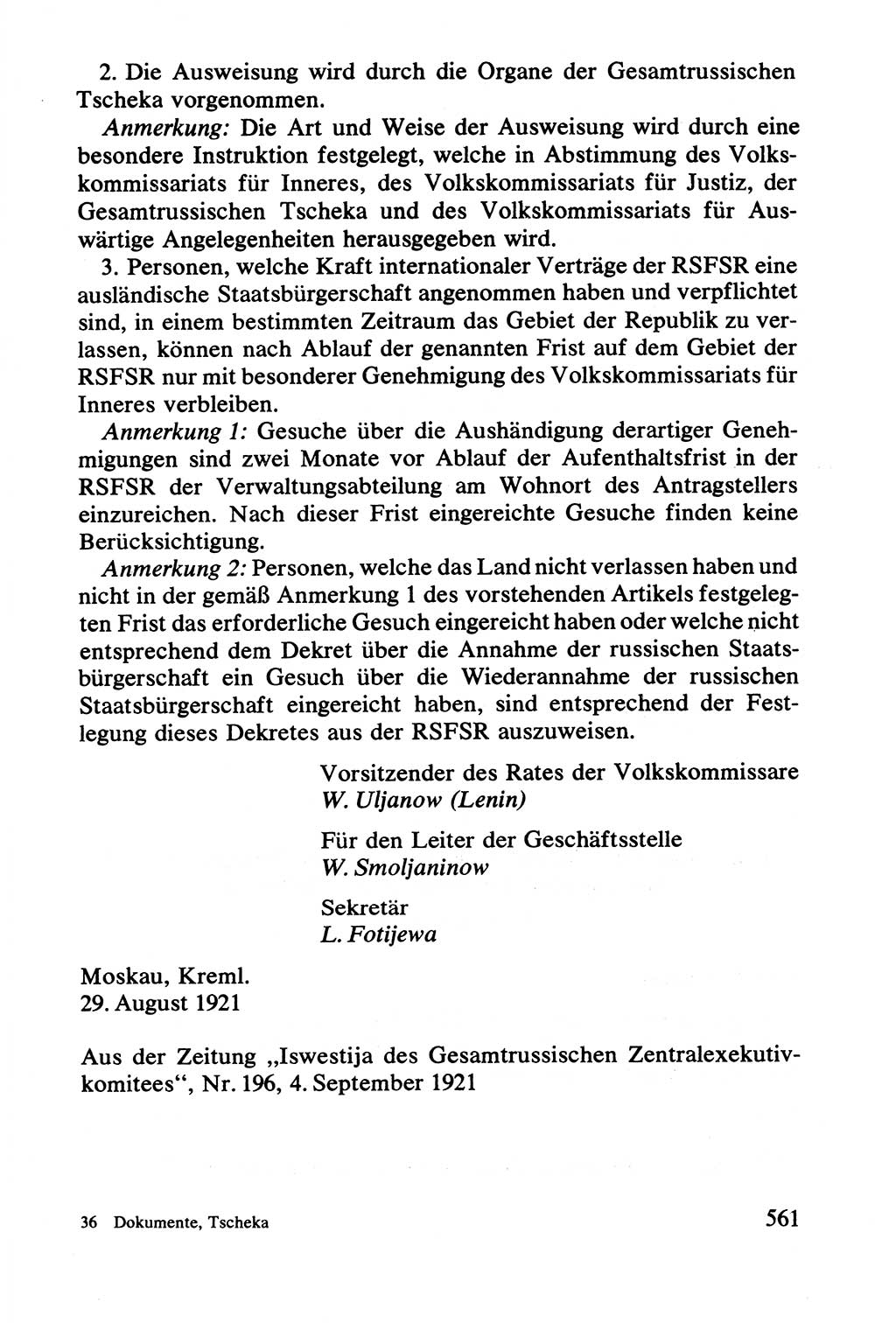 Lenin und die Gesamtrussische Tscheka, Dokumentensammlung, Ministerium für Staatssicherheit (MfS) [Deutsche Demokratische Republik (DDR)], Juristische Hochschule (JHS) Potsdam 1977, Seite 561 (Tscheka Dok. MfS DDR 1977, S. 561)