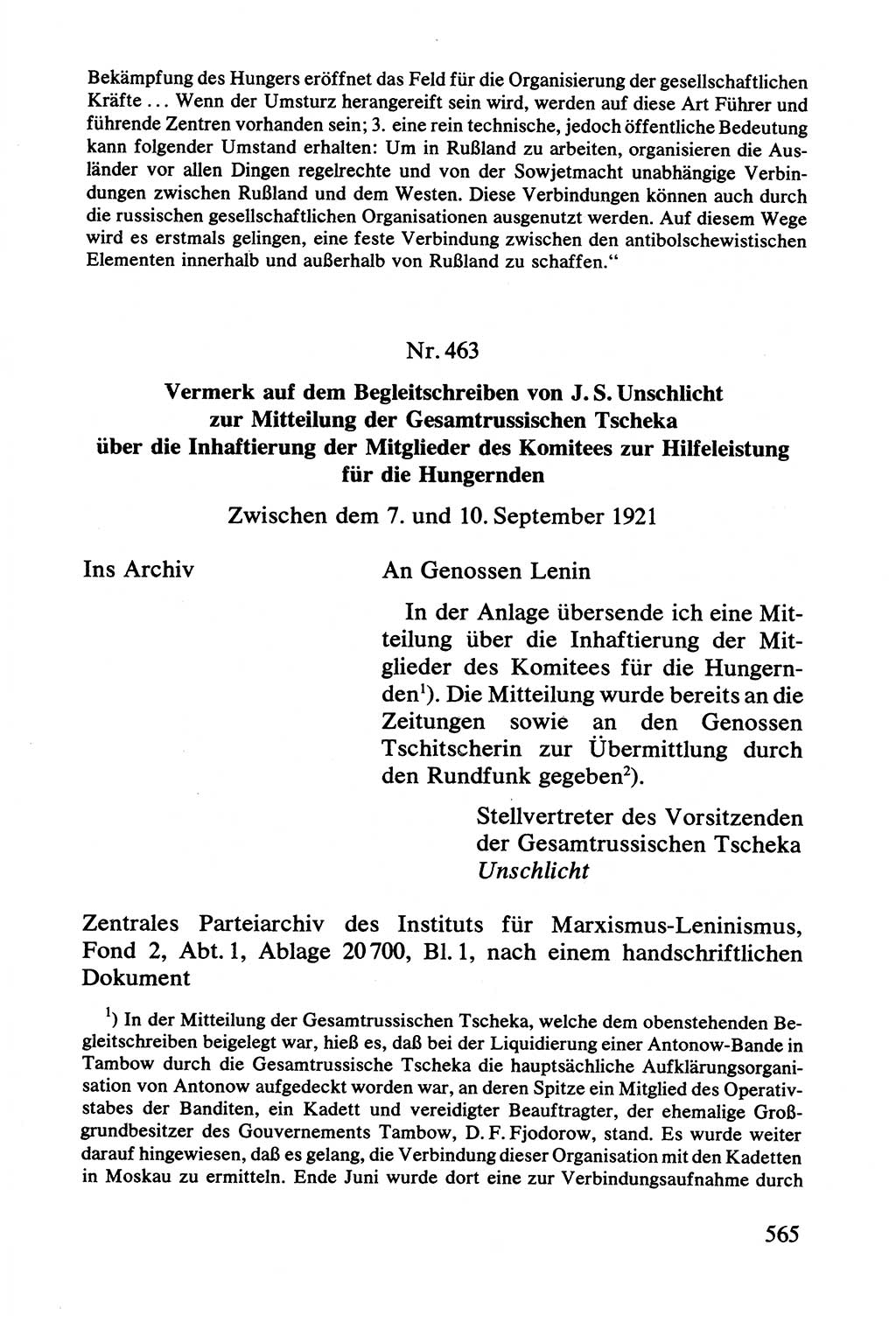 Lenin und die Gesamtrussische Tscheka, Dokumentensammlung, Ministerium für Staatssicherheit (MfS) [Deutsche Demokratische Republik (DDR)], Juristische Hochschule (JHS) Potsdam 1977, Seite 565 (Tscheka Dok. MfS DDR 1977, S. 565)