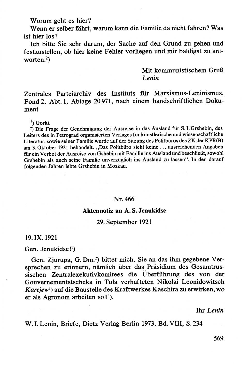 Lenin und die Gesamtrussische Tscheka, Dokumentensammlung, Ministerium für Staatssicherheit (MfS) [Deutsche Demokratische Republik (DDR)], Juristische Hochschule (JHS) Potsdam 1977, Seite 569 (Tscheka Dok. MfS DDR 1977, S. 569)