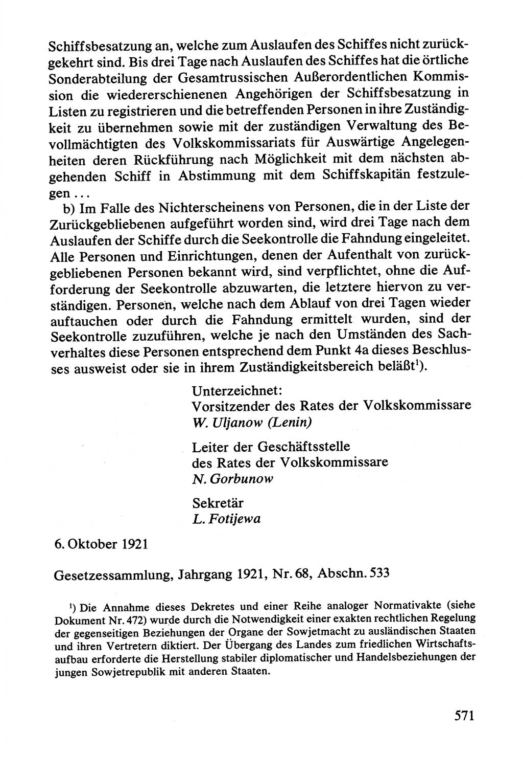 Lenin und die Gesamtrussische Tscheka, Dokumentensammlung, Ministerium für Staatssicherheit (MfS) [Deutsche Demokratische Republik (DDR)], Juristische Hochschule (JHS) Potsdam 1977, Seite 571 (Tscheka Dok. MfS DDR 1977, S. 571)