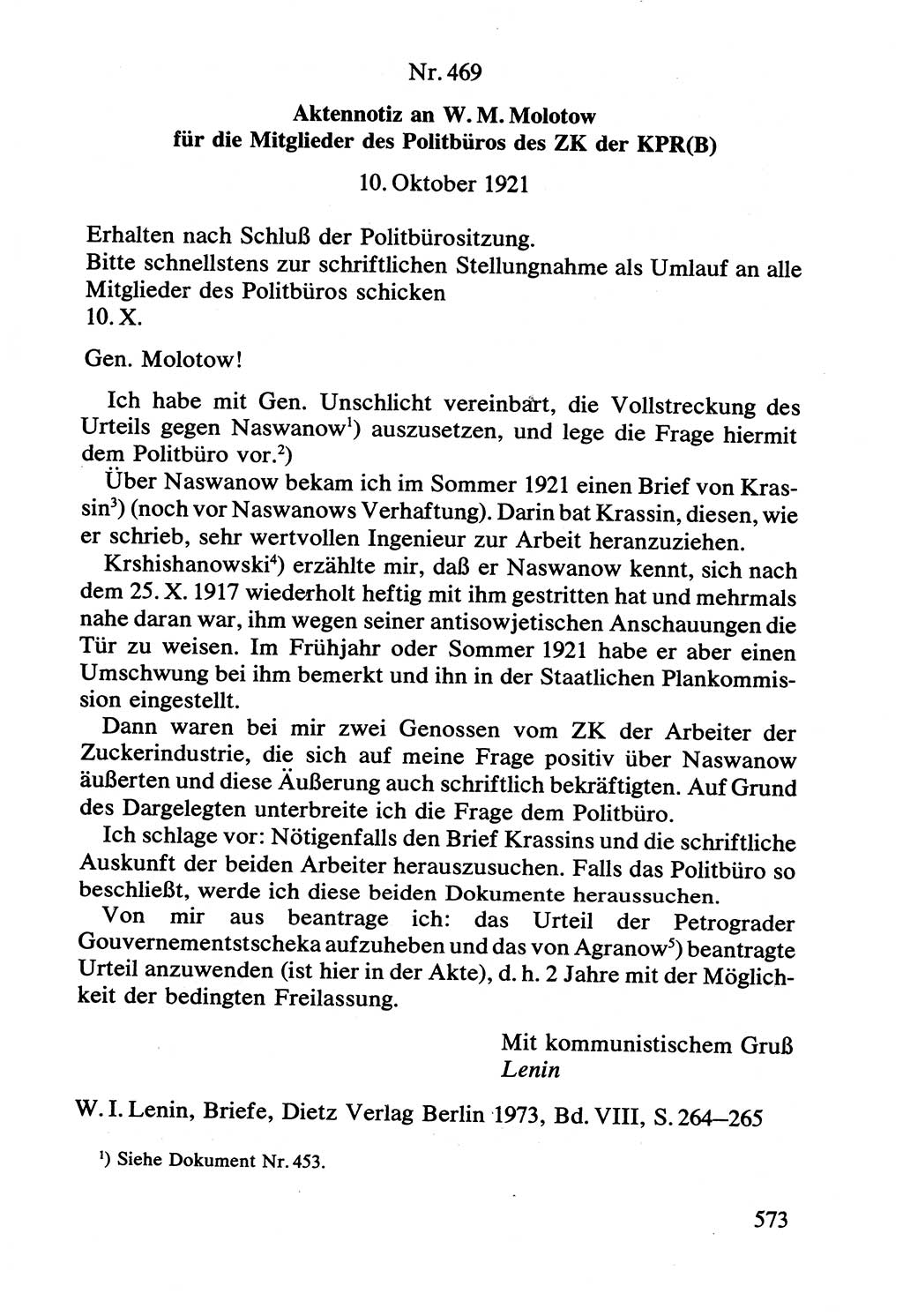 Lenin und die Gesamtrussische Tscheka, Dokumentensammlung, Ministerium für Staatssicherheit (MfS) [Deutsche Demokratische Republik (DDR)], Juristische Hochschule (JHS) Potsdam 1977, Seite 573 (Tscheka Dok. MfS DDR 1977, S. 573)