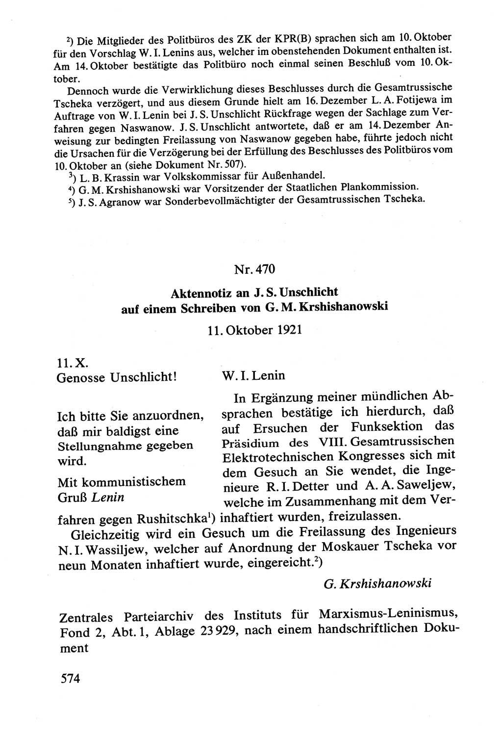 Lenin und die Gesamtrussische Tscheka, Dokumentensammlung, Ministerium für Staatssicherheit (MfS) [Deutsche Demokratische Republik (DDR)], Juristische Hochschule (JHS) Potsdam 1977, Seite 574 (Tscheka Dok. MfS DDR 1977, S. 574)