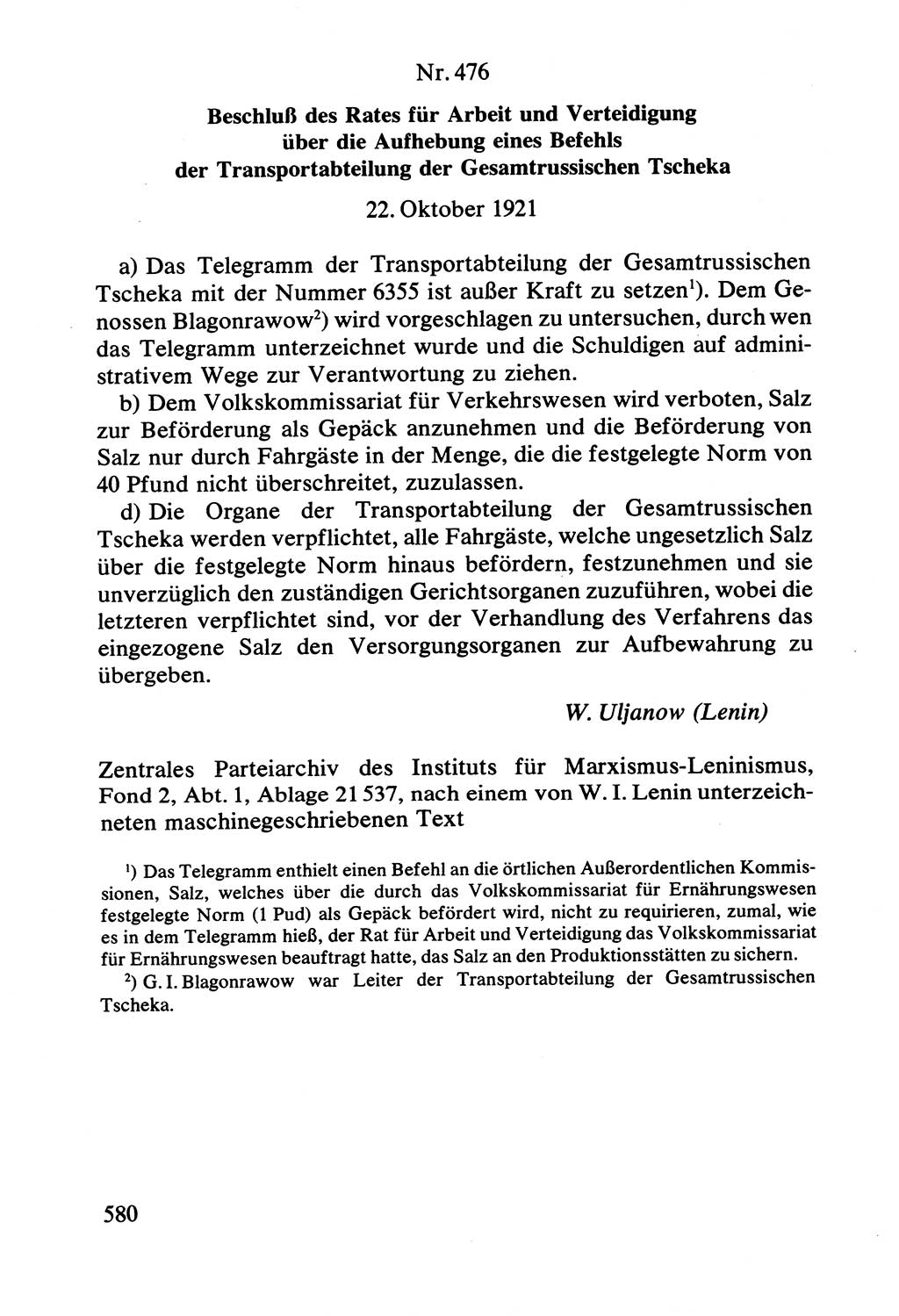 Lenin und die Gesamtrussische Tscheka, Dokumentensammlung, Ministerium für Staatssicherheit (MfS) [Deutsche Demokratische Republik (DDR)], Juristische Hochschule (JHS) Potsdam 1977, Seite 580 (Tscheka Dok. MfS DDR 1977, S. 580)