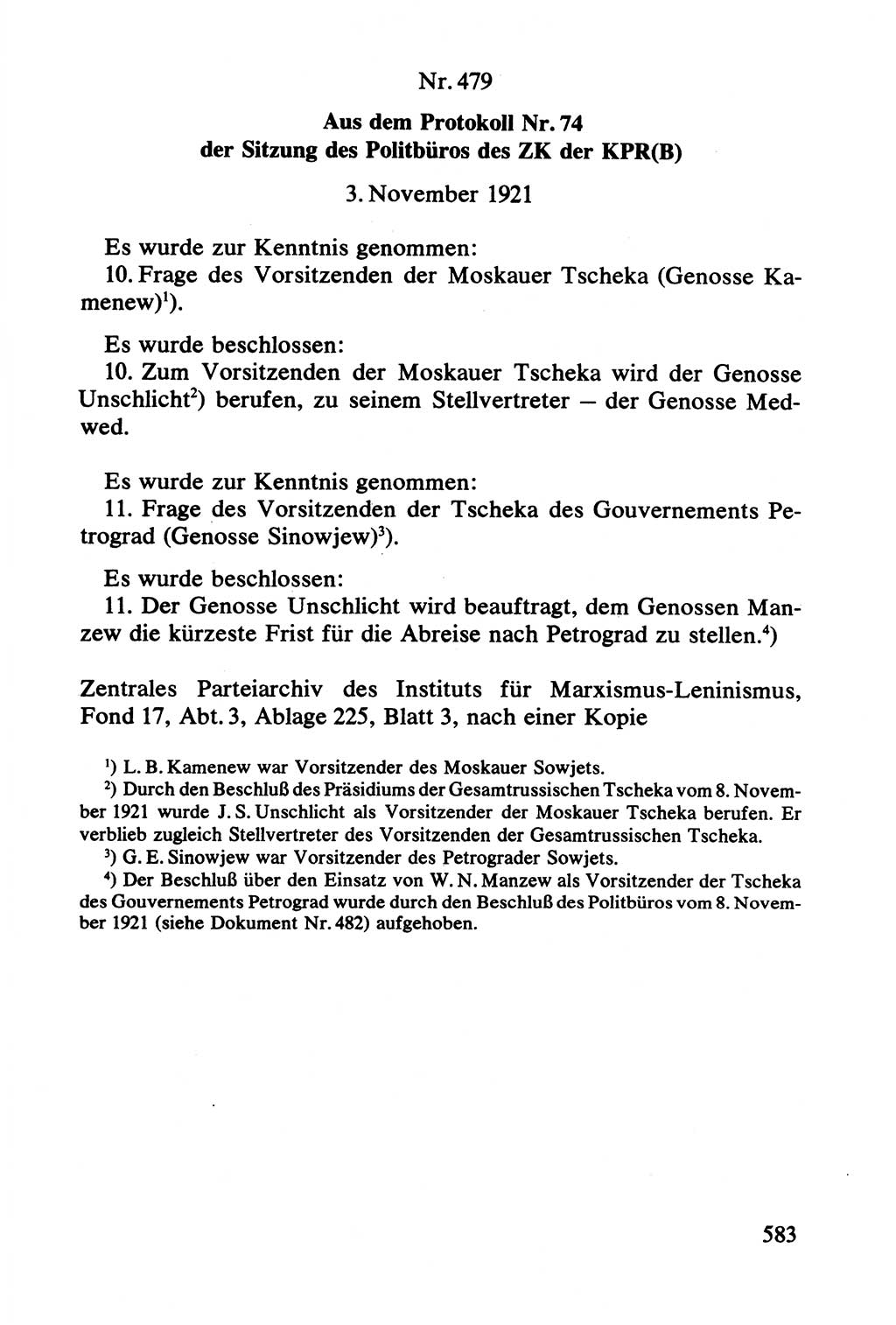 Lenin und die Gesamtrussische Tscheka, Dokumentensammlung, Ministerium für Staatssicherheit (MfS) [Deutsche Demokratische Republik (DDR)], Juristische Hochschule (JHS) Potsdam 1977, Seite 583 (Tscheka Dok. MfS DDR 1977, S. 583)