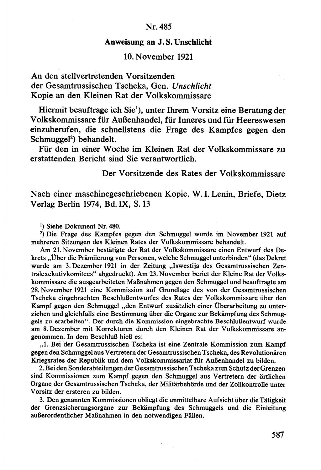 Lenin und die Gesamtrussische Tscheka, Dokumentensammlung, Ministerium für Staatssicherheit (MfS) [Deutsche Demokratische Republik (DDR)], Juristische Hochschule (JHS) Potsdam 1977, Seite 587 (Tscheka Dok. MfS DDR 1977, S. 587)