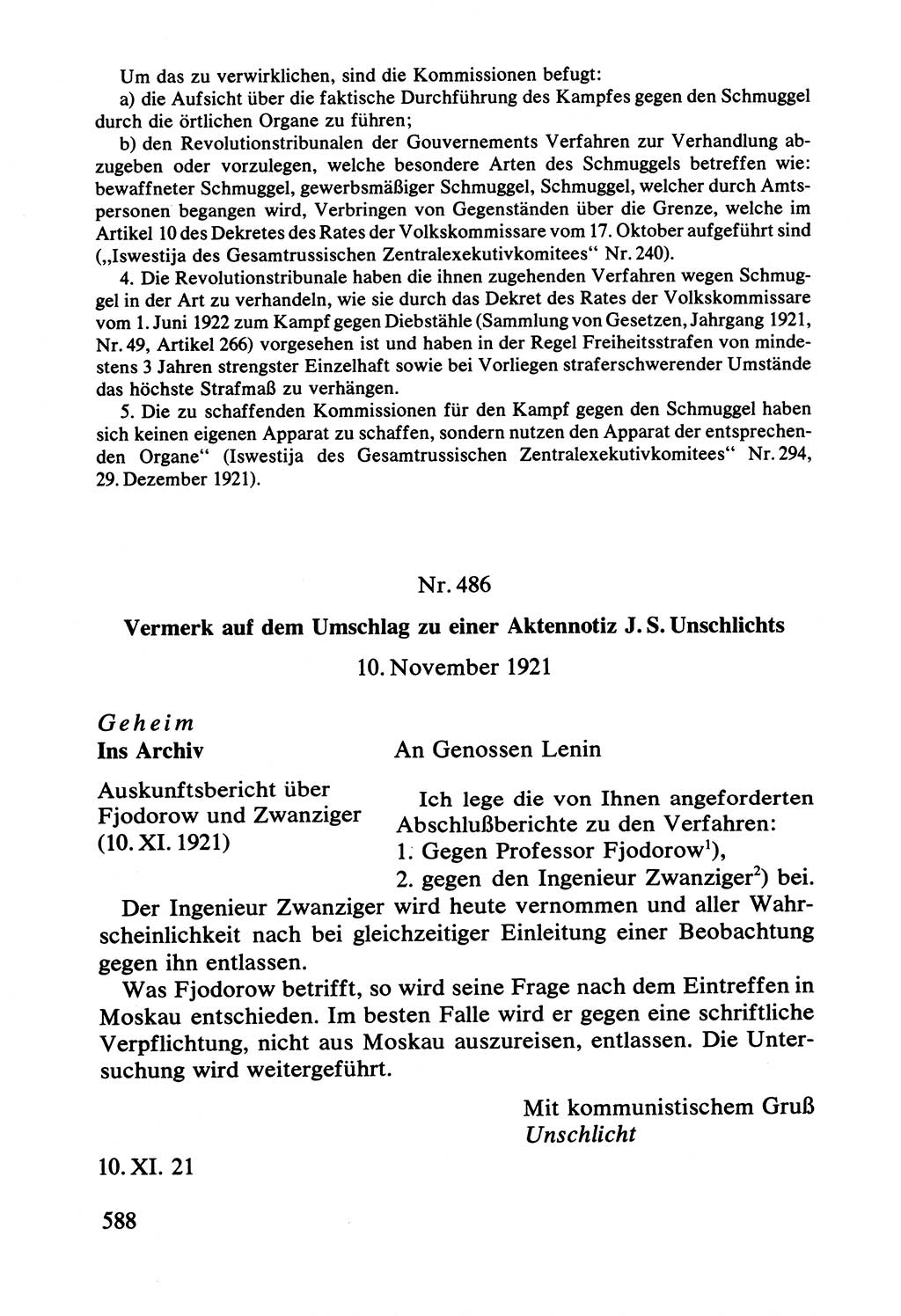 Lenin und die Gesamtrussische Tscheka, Dokumentensammlung, Ministerium für Staatssicherheit (MfS) [Deutsche Demokratische Republik (DDR)], Juristische Hochschule (JHS) Potsdam 1977, Seite 588 (Tscheka Dok. MfS DDR 1977, S. 588)