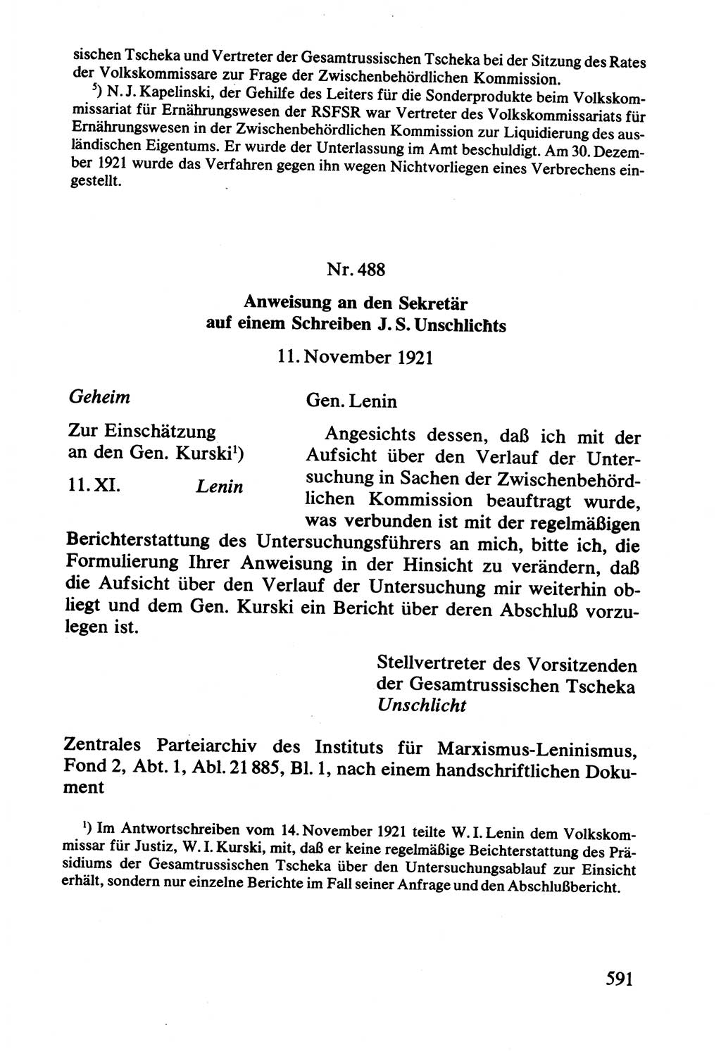 Lenin und die Gesamtrussische Tscheka, Dokumentensammlung, Ministerium für Staatssicherheit (MfS) [Deutsche Demokratische Republik (DDR)], Juristische Hochschule (JHS) Potsdam 1977, Seite 591 (Tscheka Dok. MfS DDR 1977, S. 591)