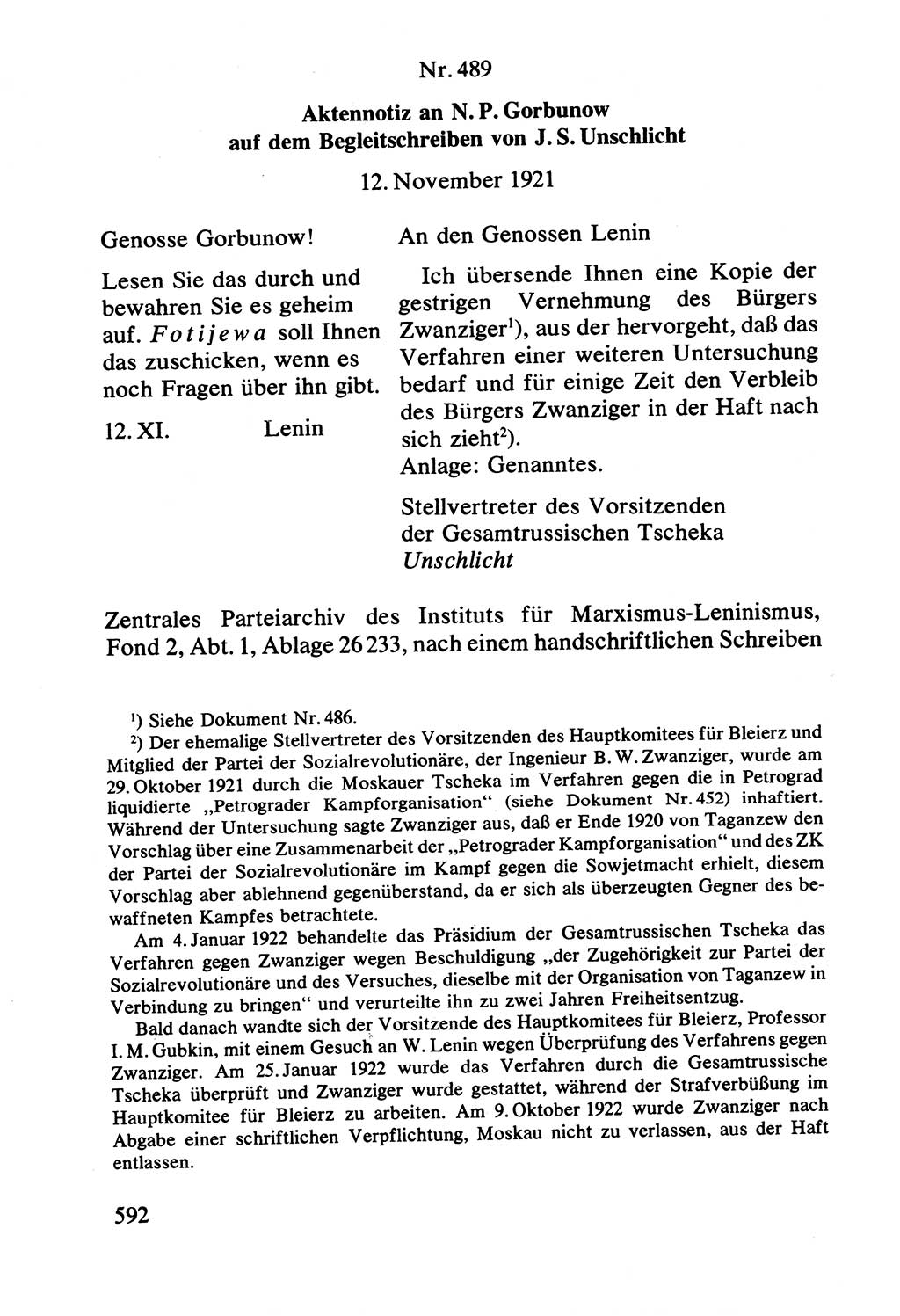 Lenin und die Gesamtrussische Tscheka, Dokumentensammlung, Ministerium für Staatssicherheit (MfS) [Deutsche Demokratische Republik (DDR)], Juristische Hochschule (JHS) Potsdam 1977, Seite 592 (Tscheka Dok. MfS DDR 1977, S. 592)