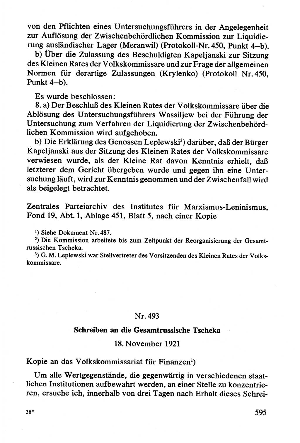 Lenin und die Gesamtrussische Tscheka, Dokumentensammlung, Ministerium für Staatssicherheit (MfS) [Deutsche Demokratische Republik (DDR)], Juristische Hochschule (JHS) Potsdam 1977, Seite 595 (Tscheka Dok. MfS DDR 1977, S. 595)