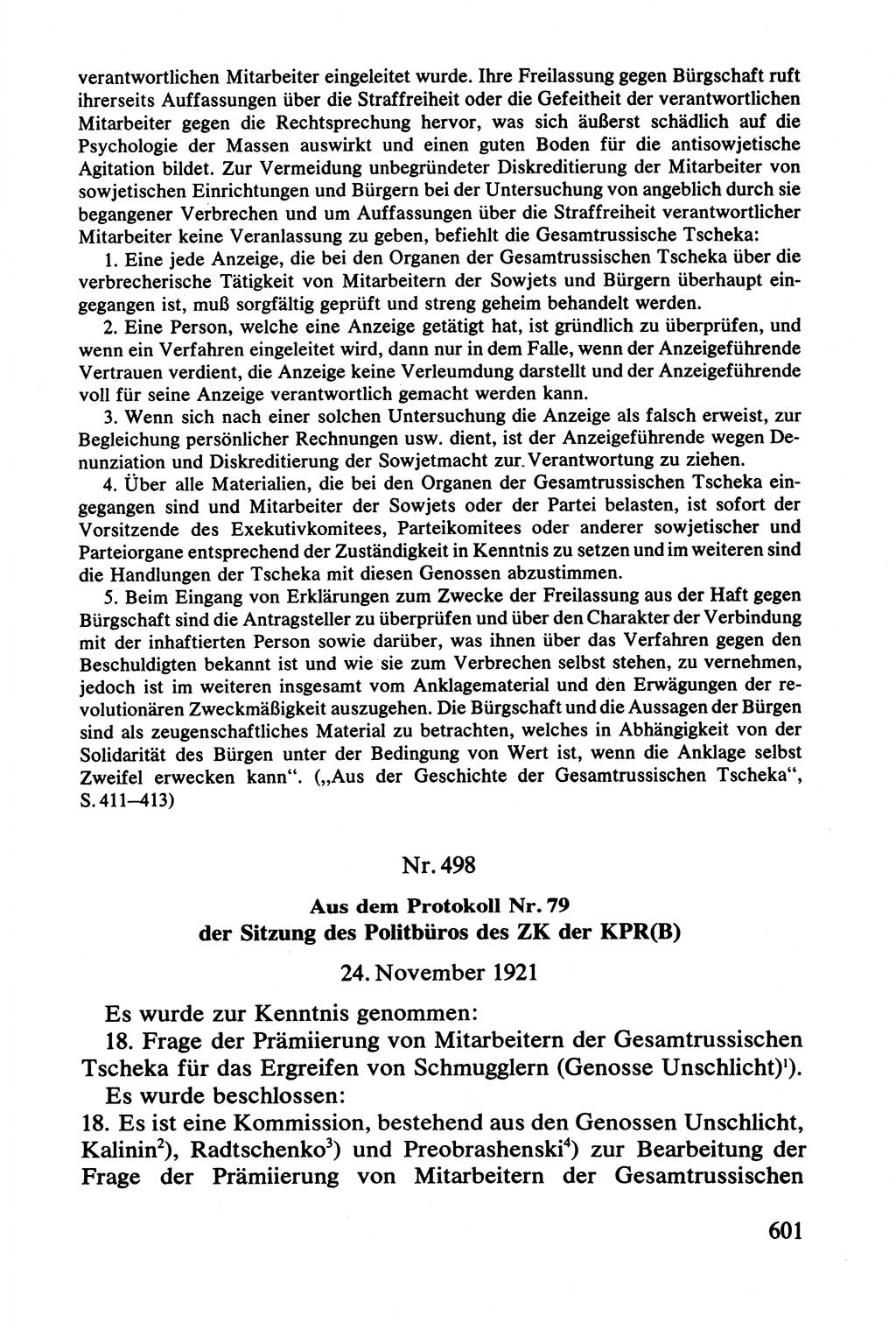 Lenin und die Gesamtrussische Tscheka, Dokumentensammlung, Ministerium für Staatssicherheit (MfS) [Deutsche Demokratische Republik (DDR)], Juristische Hochschule (JHS) Potsdam 1977, Seite 601 (Tscheka Dok. MfS DDR 1977, S. 601)