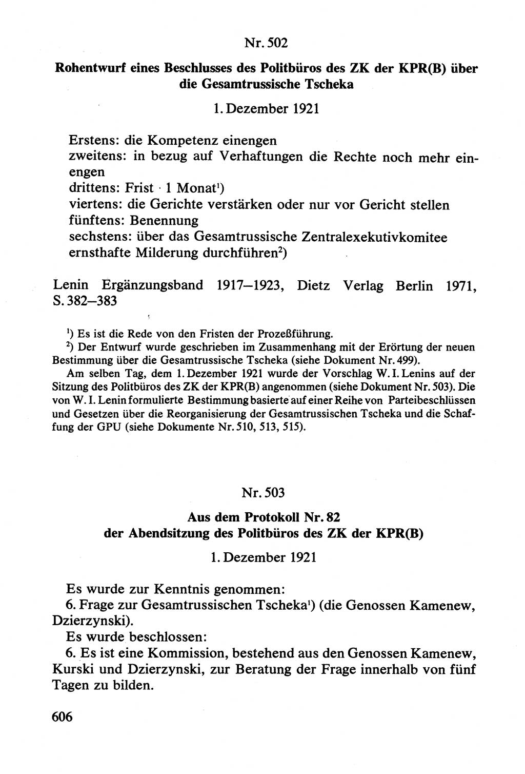 Lenin und die Gesamtrussische Tscheka, Dokumentensammlung, Ministerium für Staatssicherheit (MfS) [Deutsche Demokratische Republik (DDR)], Juristische Hochschule (JHS) Potsdam 1977, Seite 606 (Tscheka Dok. MfS DDR 1977, S. 606)