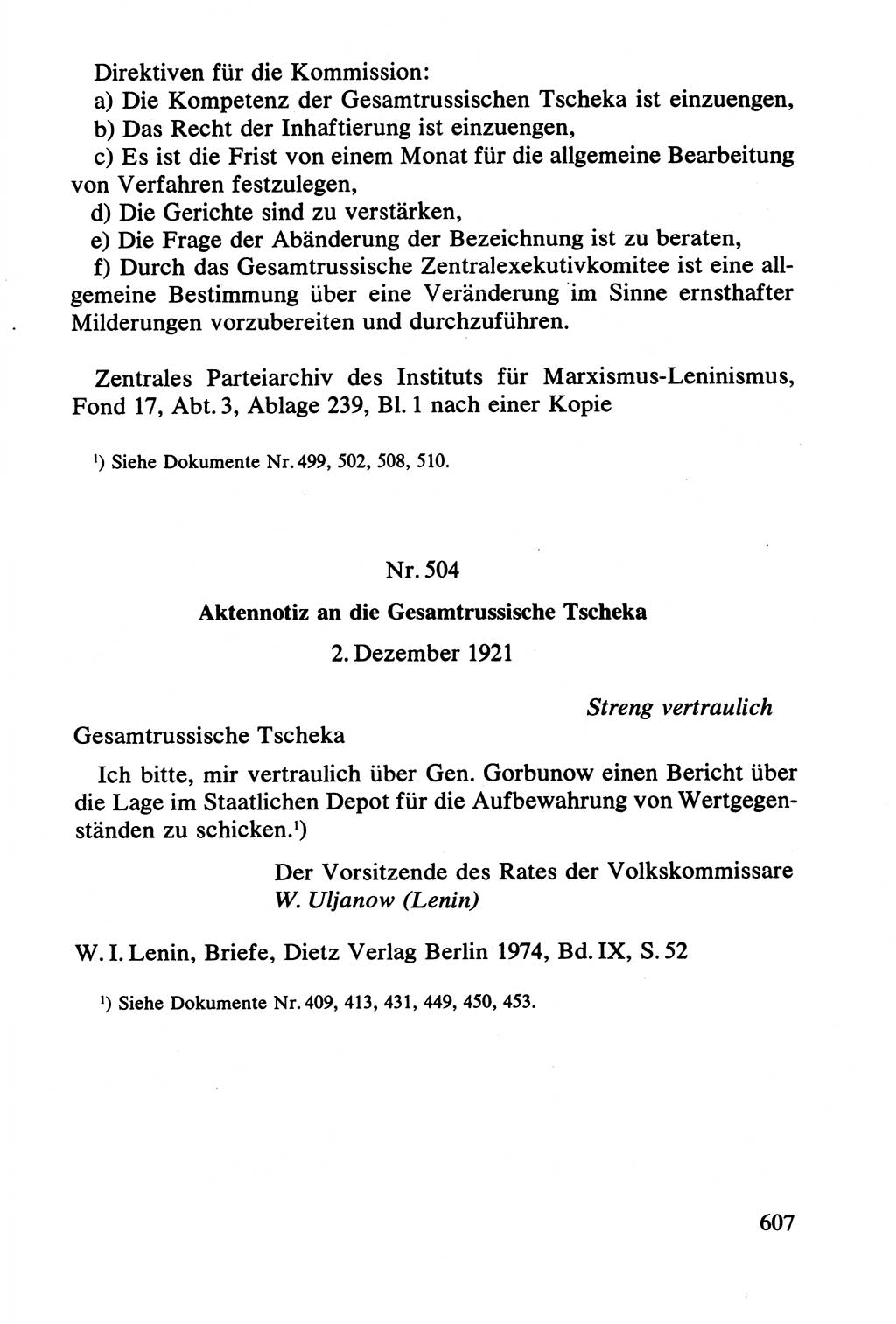 Lenin und die Gesamtrussische Tscheka, Dokumentensammlung, Ministerium für Staatssicherheit (MfS) [Deutsche Demokratische Republik (DDR)], Juristische Hochschule (JHS) Potsdam 1977, Seite 607 (Tscheka Dok. MfS DDR 1977, S. 607)