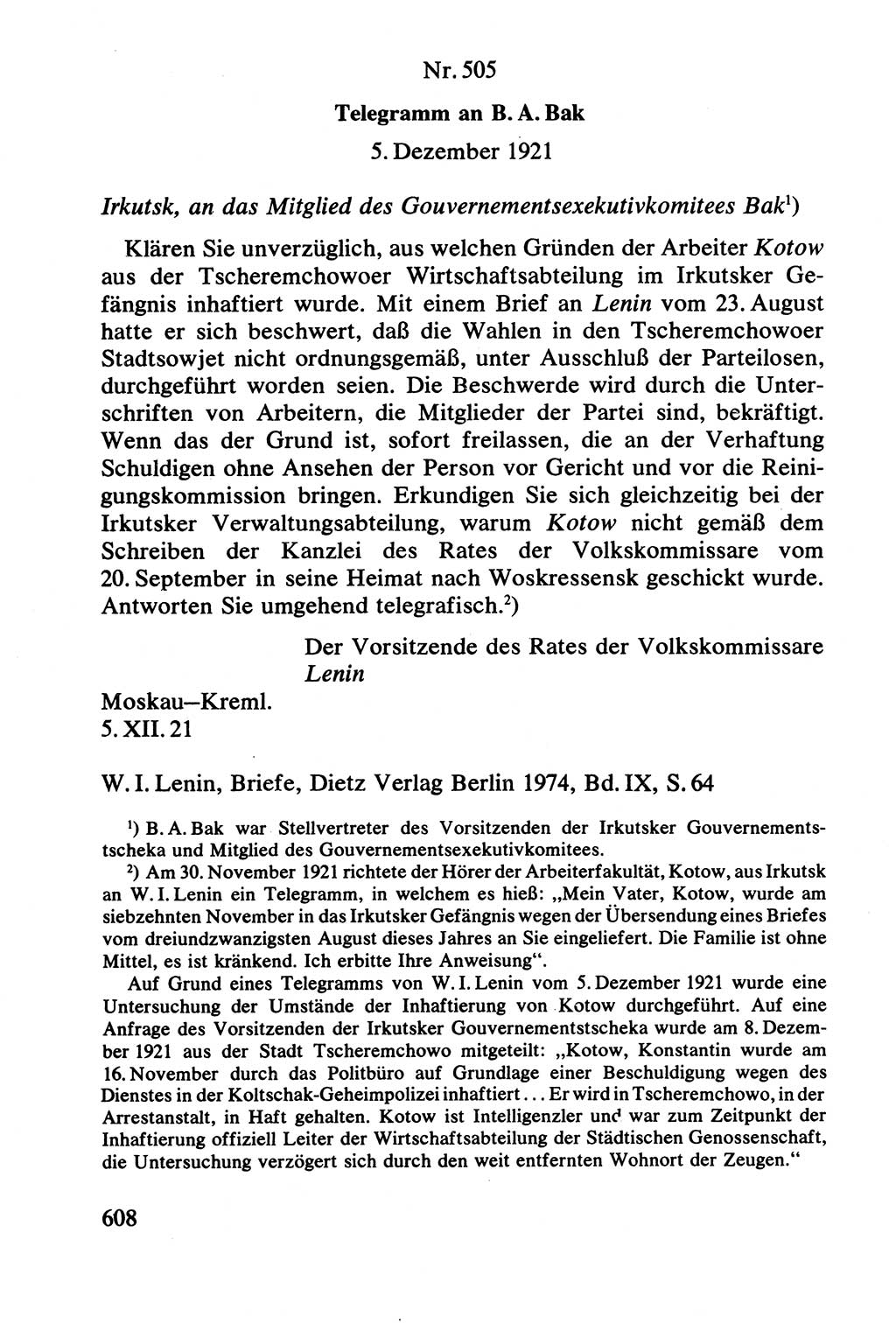 Lenin und die Gesamtrussische Tscheka, Dokumentensammlung, Ministerium für Staatssicherheit (MfS) [Deutsche Demokratische Republik (DDR)], Juristische Hochschule (JHS) Potsdam 1977, Seite 608 (Tscheka Dok. MfS DDR 1977, S. 608)