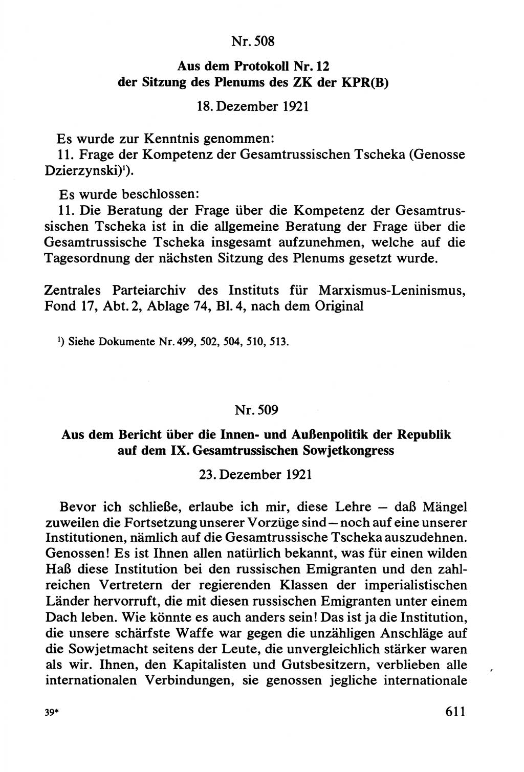 Lenin und die Gesamtrussische Tscheka, Dokumentensammlung, Ministerium für Staatssicherheit (MfS) [Deutsche Demokratische Republik (DDR)], Juristische Hochschule (JHS) Potsdam 1977, Seite 611 (Tscheka Dok. MfS DDR 1977, S. 611)