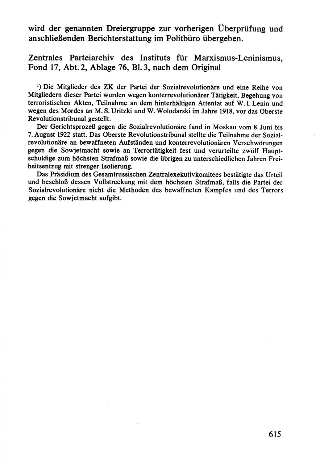 Lenin und die Gesamtrussische Tscheka, Dokumentensammlung, Ministerium für Staatssicherheit (MfS) [Deutsche Demokratische Republik (DDR)], Juristische Hochschule (JHS) Potsdam 1977, Seite 615 (Tscheka Dok. MfS DDR 1977, S. 615)