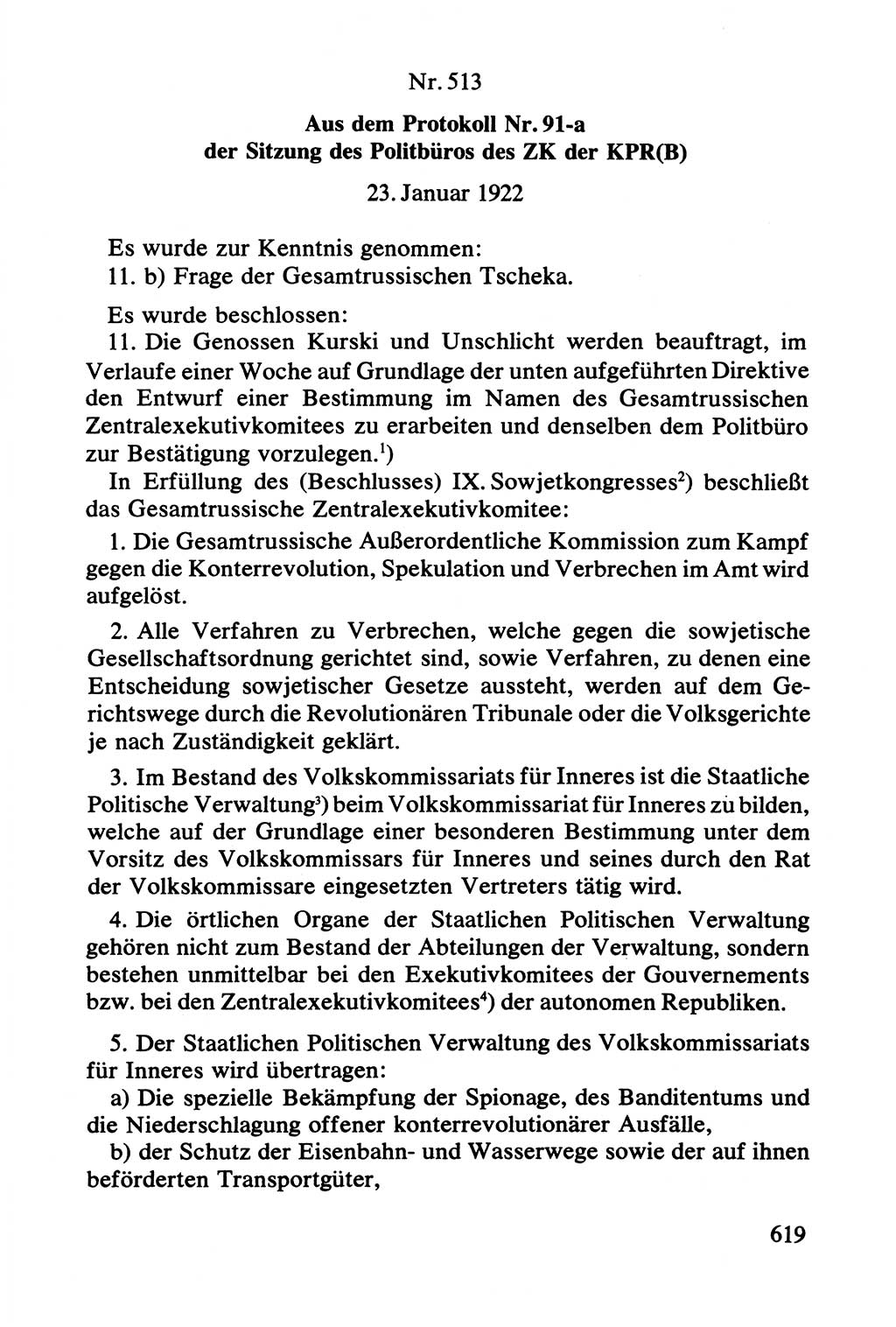 Lenin und die Gesamtrussische Tscheka, Dokumentensammlung, Ministerium für Staatssicherheit (MfS) [Deutsche Demokratische Republik (DDR)], Juristische Hochschule (JHS) Potsdam 1977, Seite 619 (Tscheka Dok. MfS DDR 1977, S. 619)