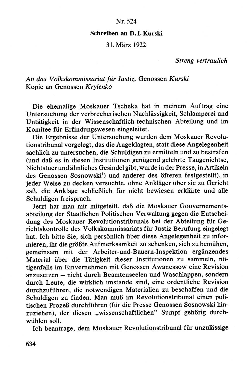 Lenin und die Gesamtrussische Tscheka, Dokumentensammlung, Ministerium für Staatssicherheit (MfS) [Deutsche Demokratische Republik (DDR)], Juristische Hochschule (JHS) Potsdam 1977, Seite 634 (Tscheka Dok. MfS DDR 1977, S. 634)